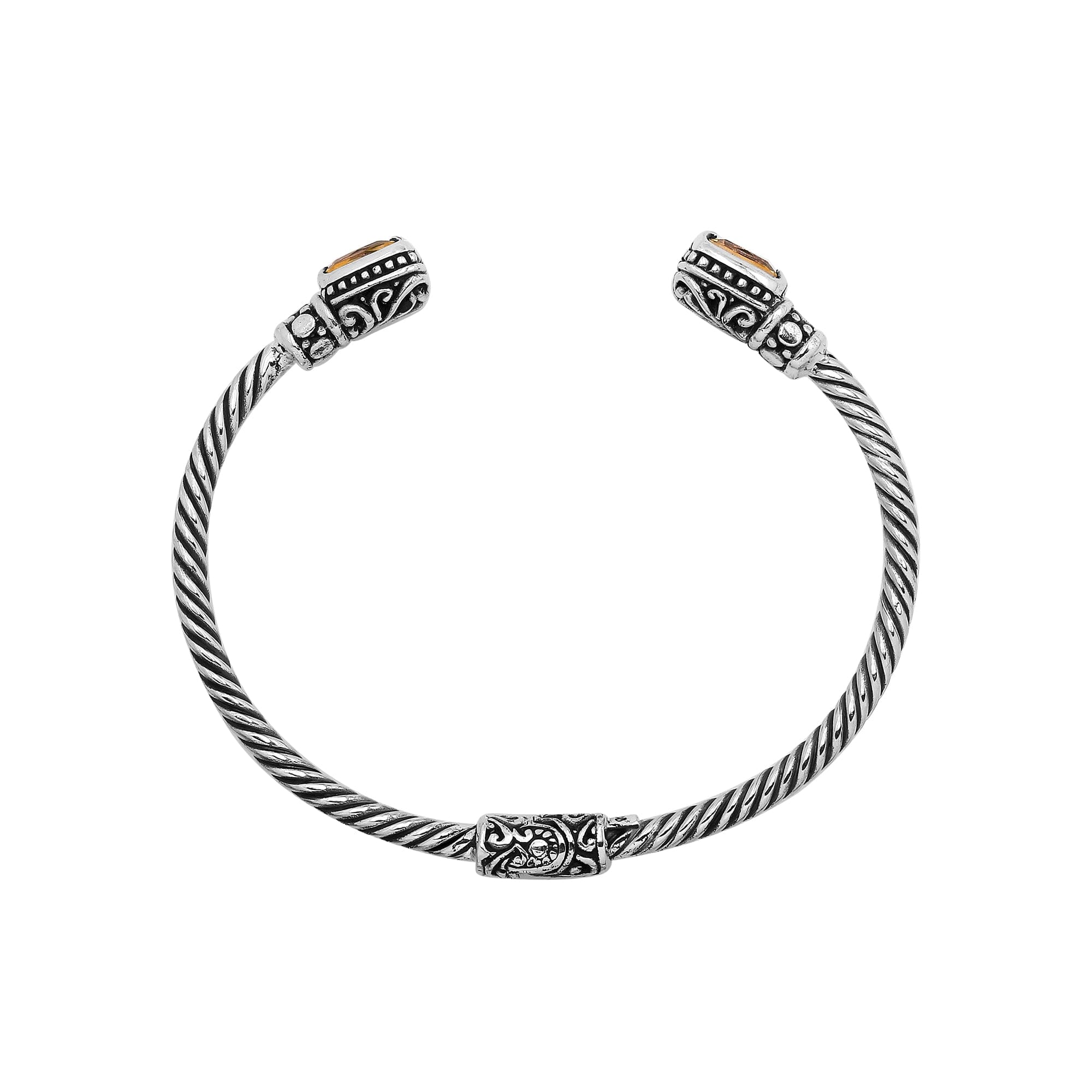 Sterling silver Balinese cuff bangle with Citrine Quartz accents and detailed scrollwork.