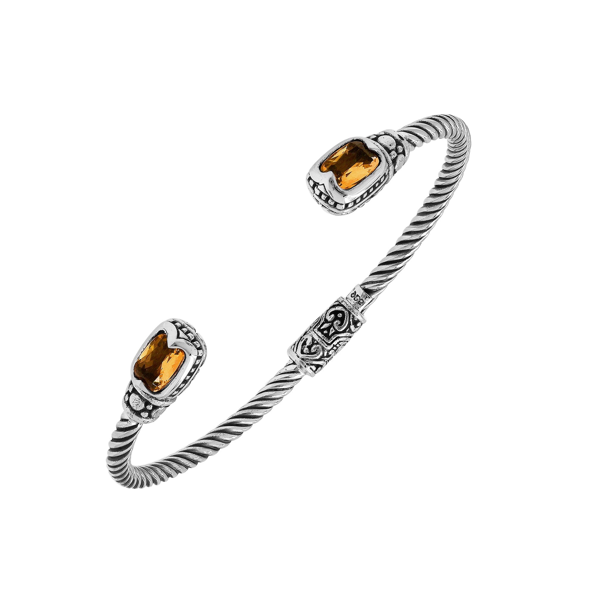 Sterling silver Balinese cuff bangle with Citrine Quartz accents and detailed scrollwork.