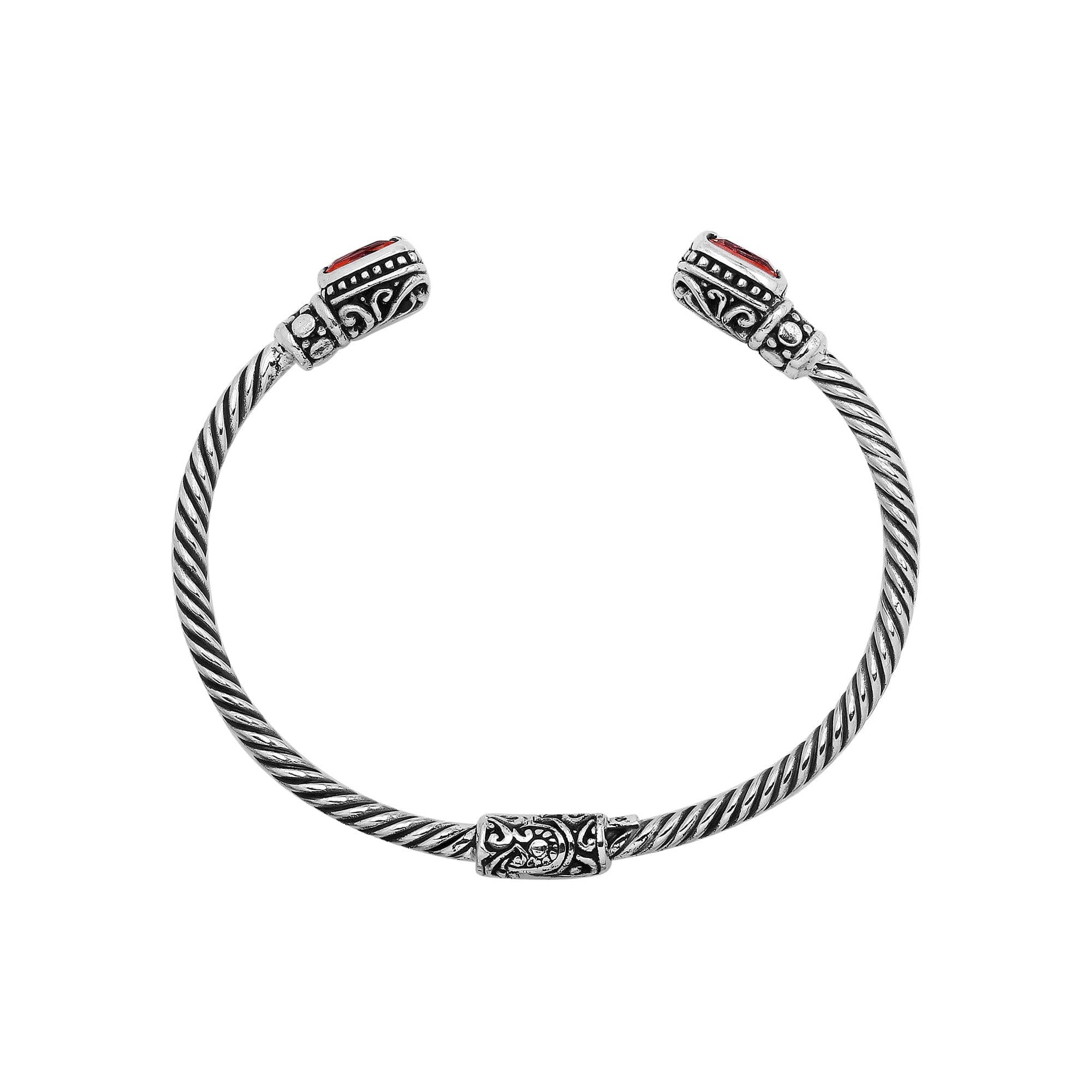 Sterling silver Balinese cuff bangle with Garnet Quartz accents and ornate scroll design.