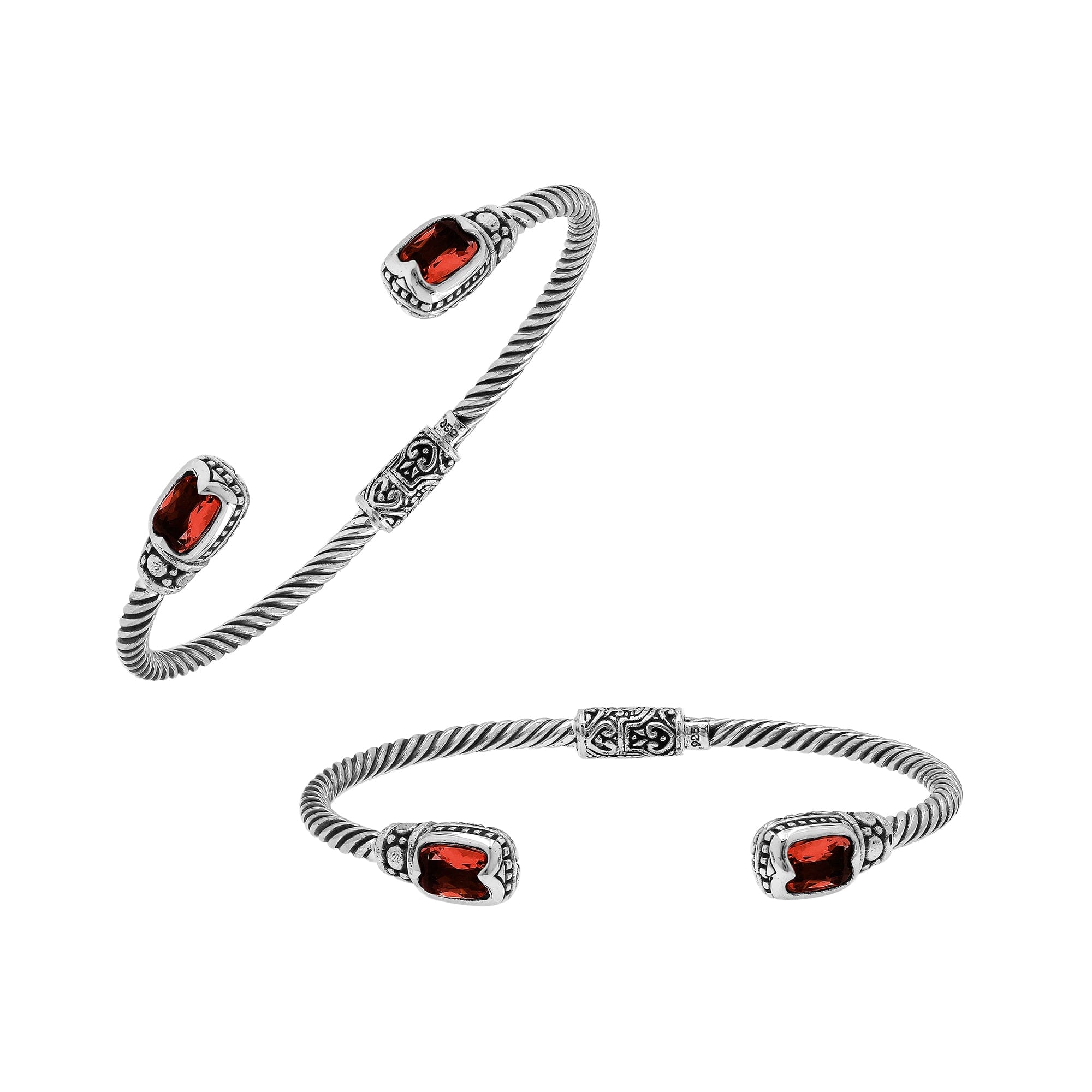 Sterling silver Balinese cuff bangle with Garnet Quartz accents and ornate scroll design.