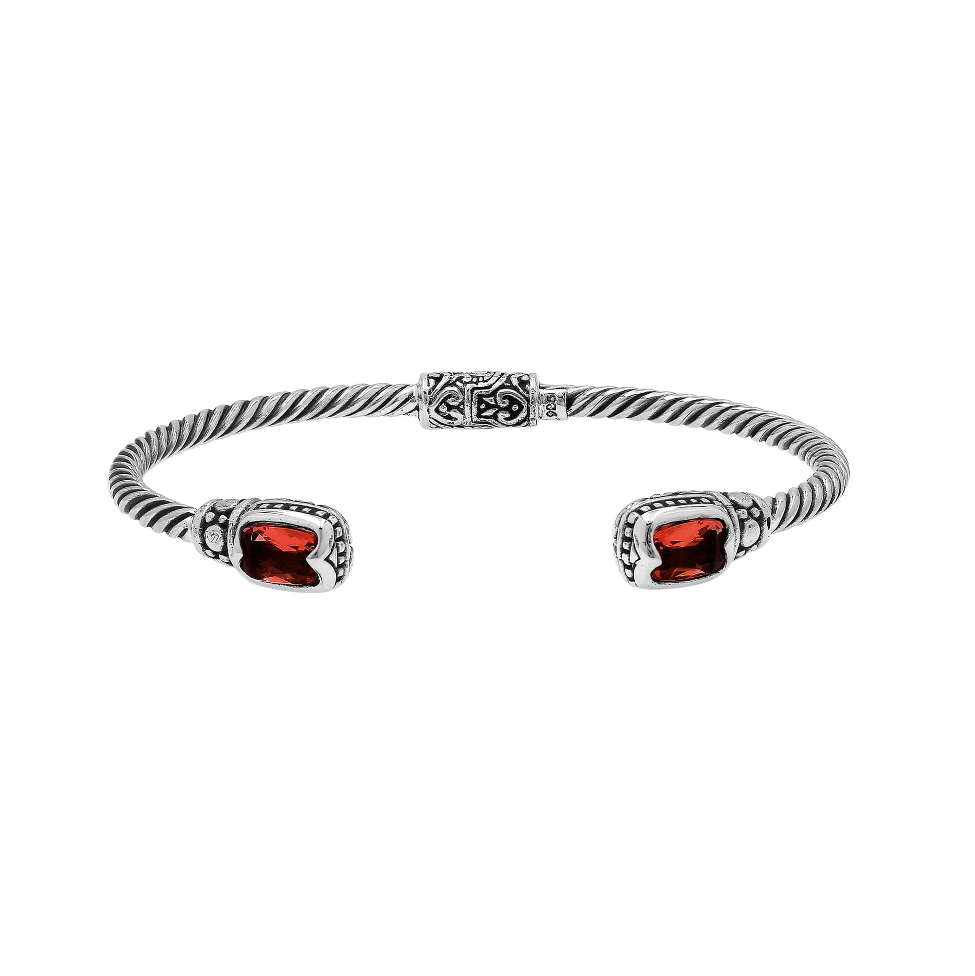 Sterling silver Balinese cuff bangle with Garnet Quartz accents and ornate scroll design.