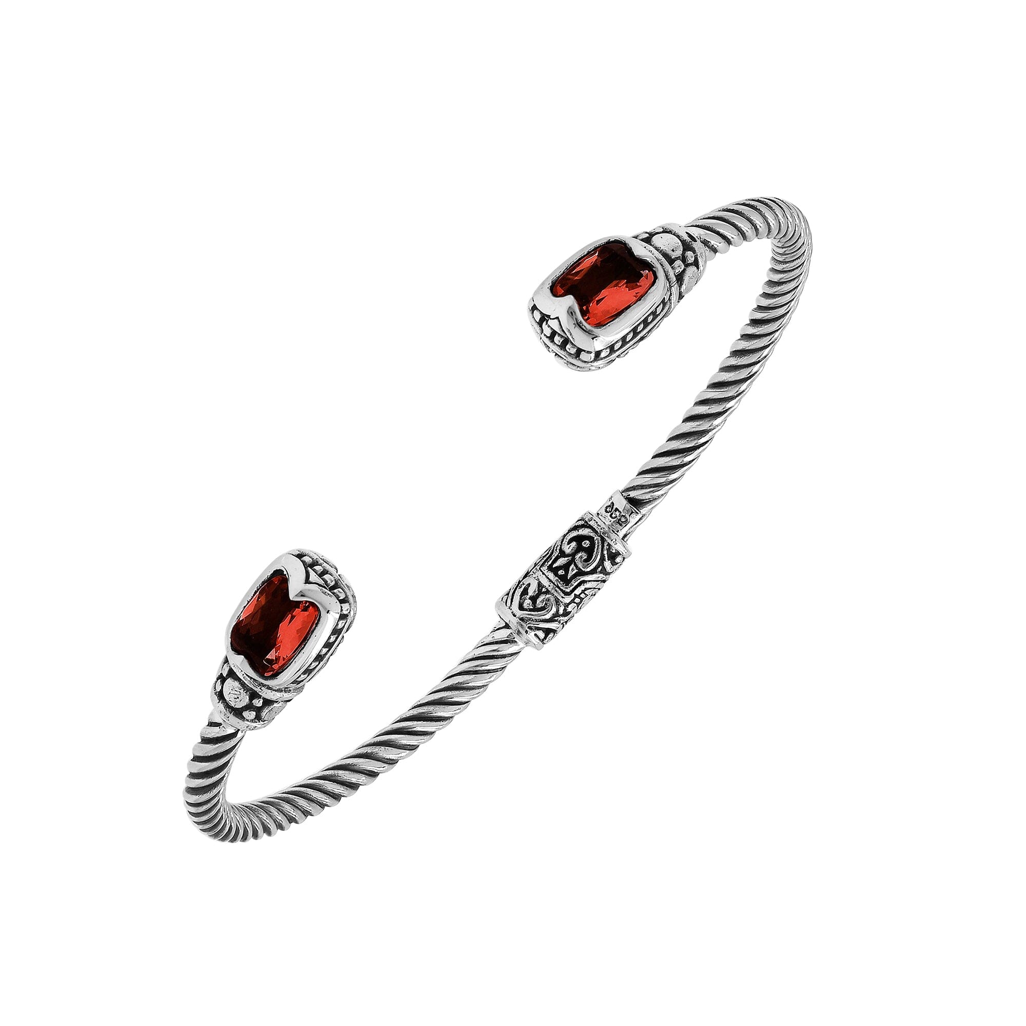 Sterling silver Balinese cuff bangle with Garnet Quartz accents and ornate scroll design.