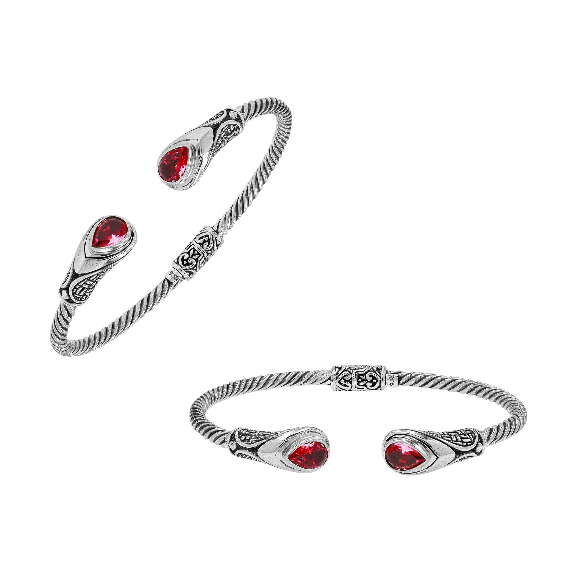 Sterling silver Balinese cuff bangle with Garnet Quartz accents and ornate scroll design.