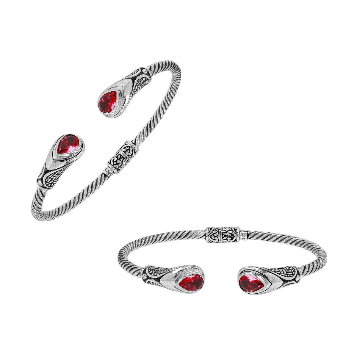 Sterling silver Balinese cuff bangle with Garnet Quartz accents and ornate scroll design.
