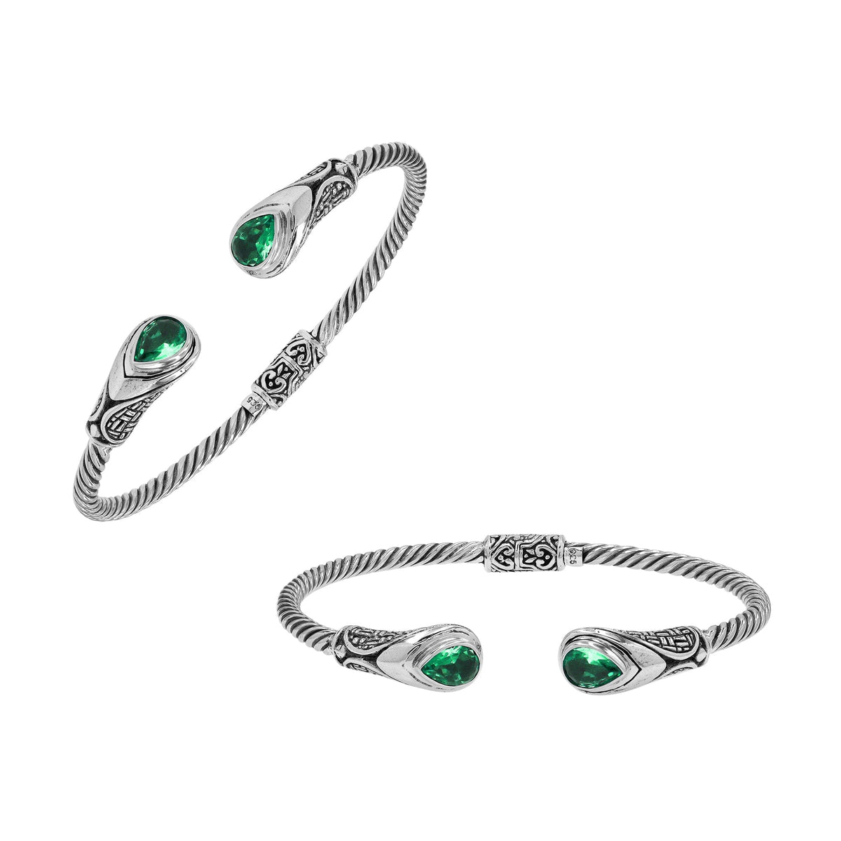 Sterling silver Balinese cuff bangle with Green Quartz accents and detailed scroll design.