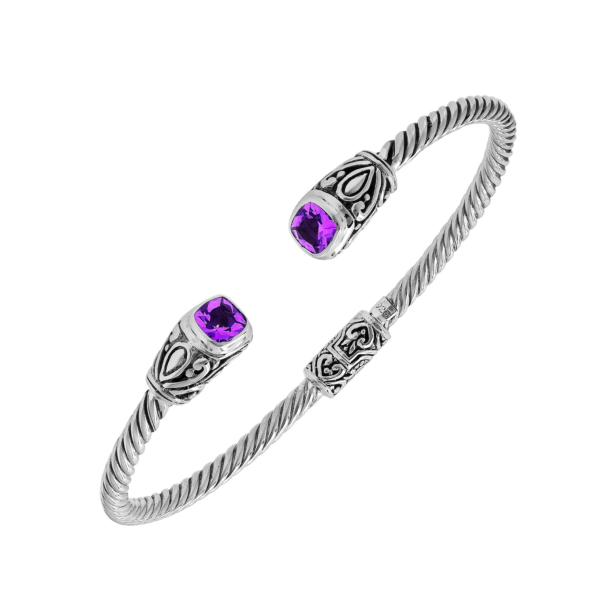 Sterling silver Balinese cuff bangle with Amethyst Quartz accents and ornate scroll design.