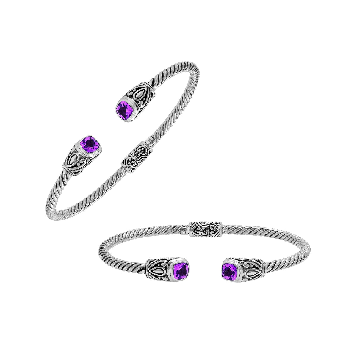 Sterling silver Balinese cuff bangle with Amethyst Quartz accents and ornate scroll design.