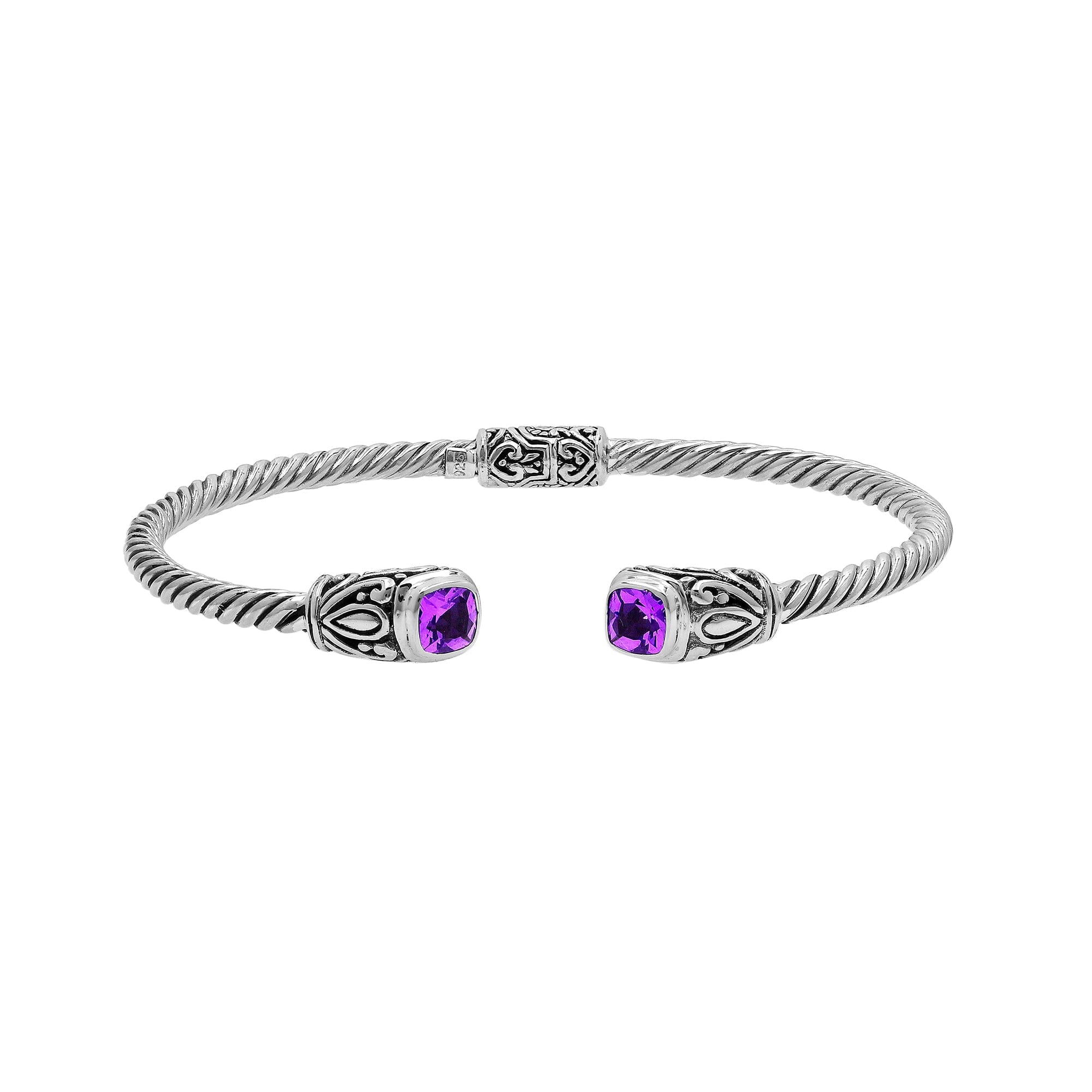 Sterling silver Balinese cuff bangle with Amethyst Quartz accents and ornate scroll design.