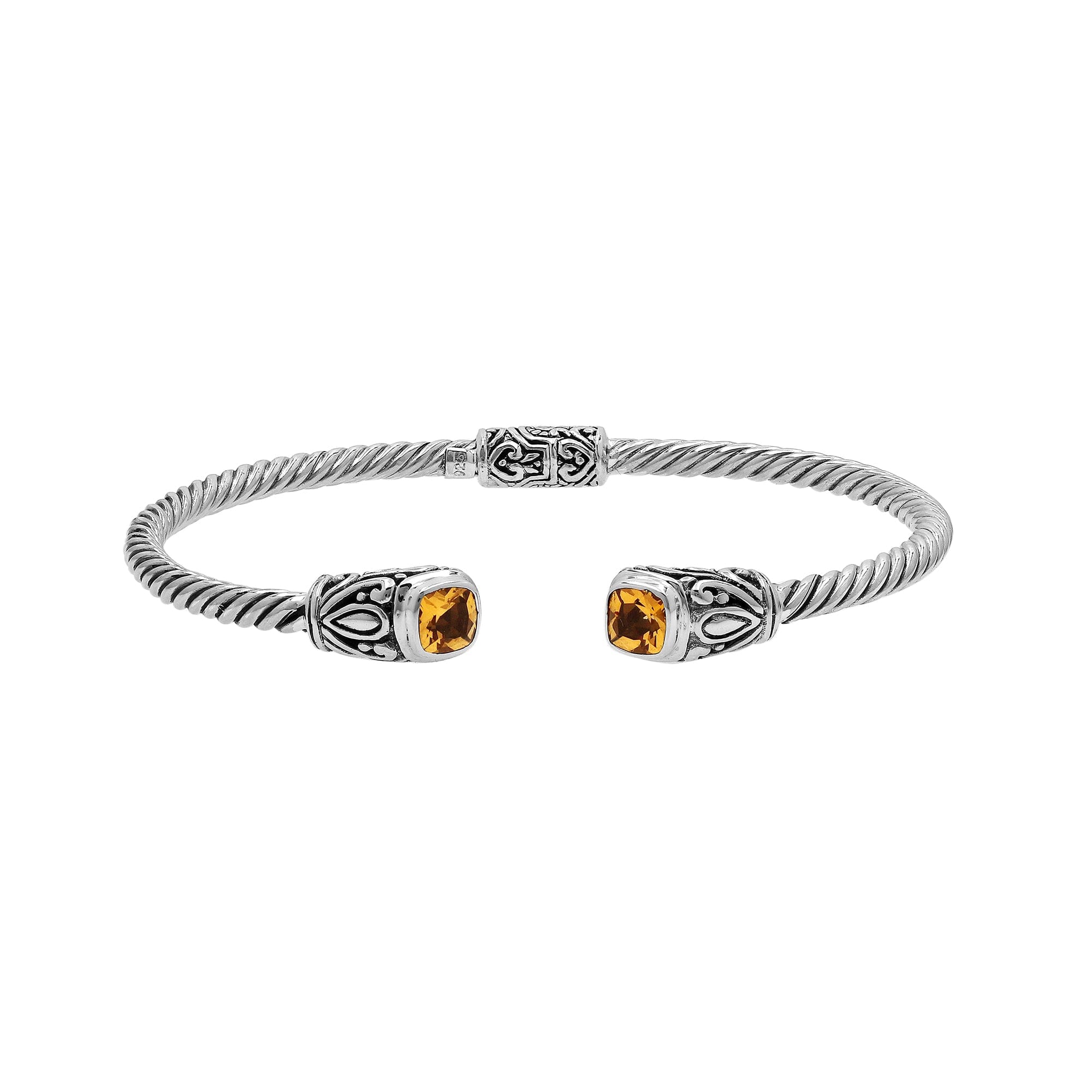 Sterling silver Balinese cuff bangle with Citrine Quartz accents and ornate scroll design.