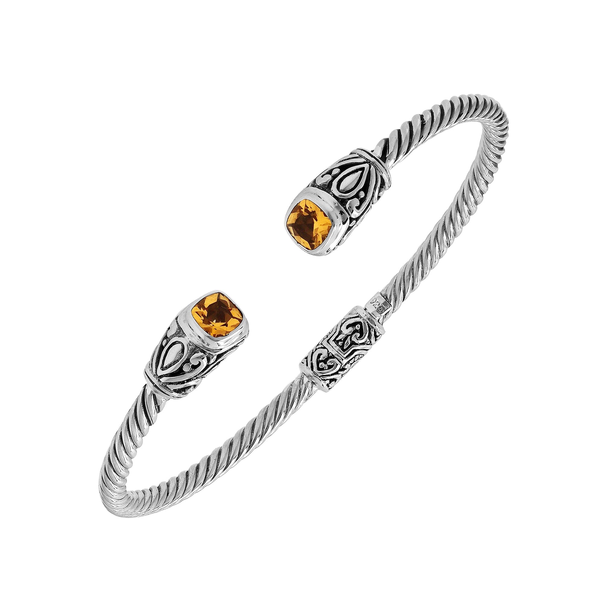 Sterling silver Balinese cuff bangle with Citrine Quartz accents and ornate scroll design.