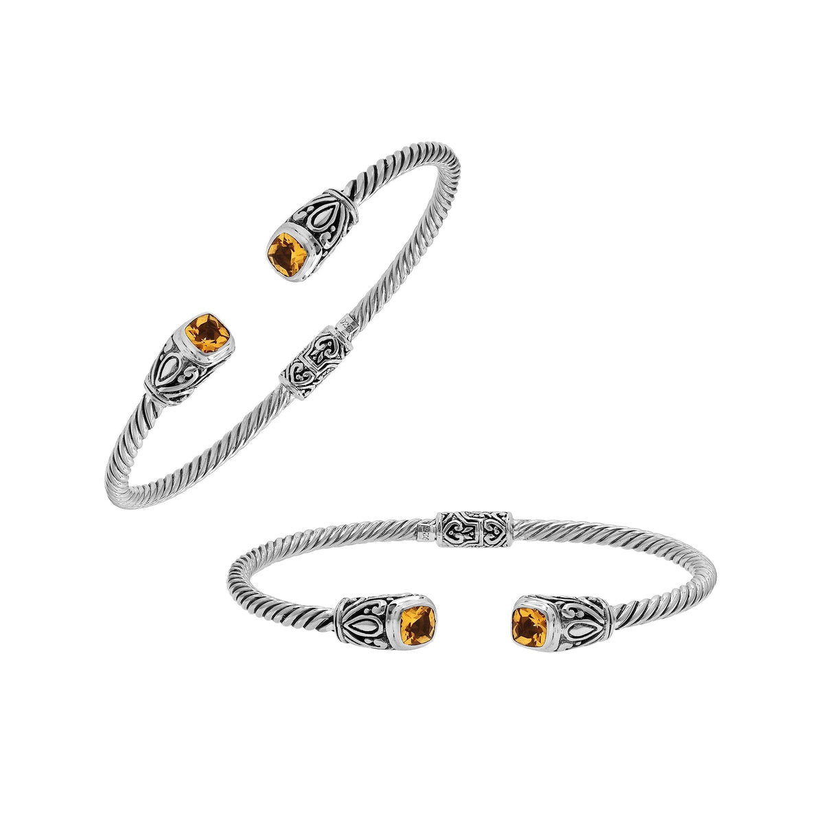 Sterling silver Balinese cuff bangle with Citrine Quartz accents and ornate scroll design.