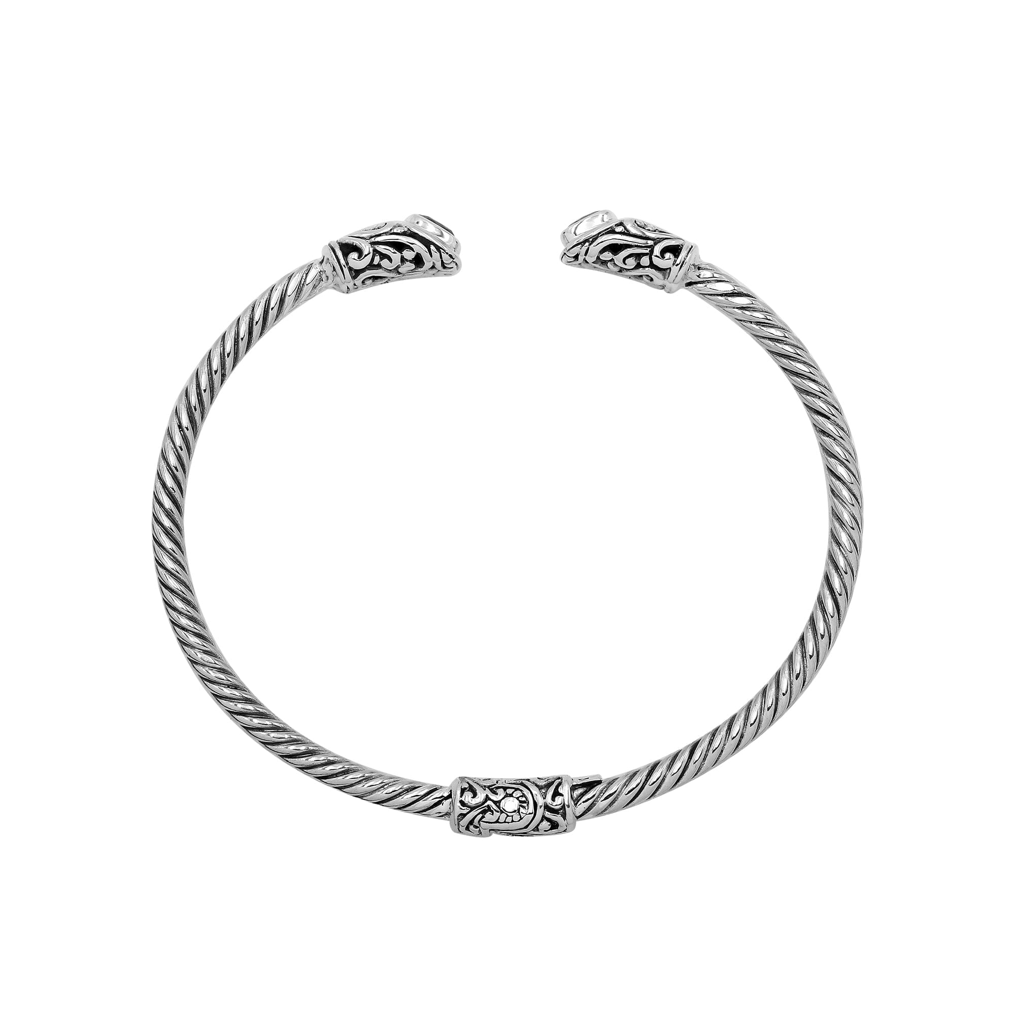 Sterling silver Balinese cuff bangle with Garnet Quartz accents and ornate scroll design.