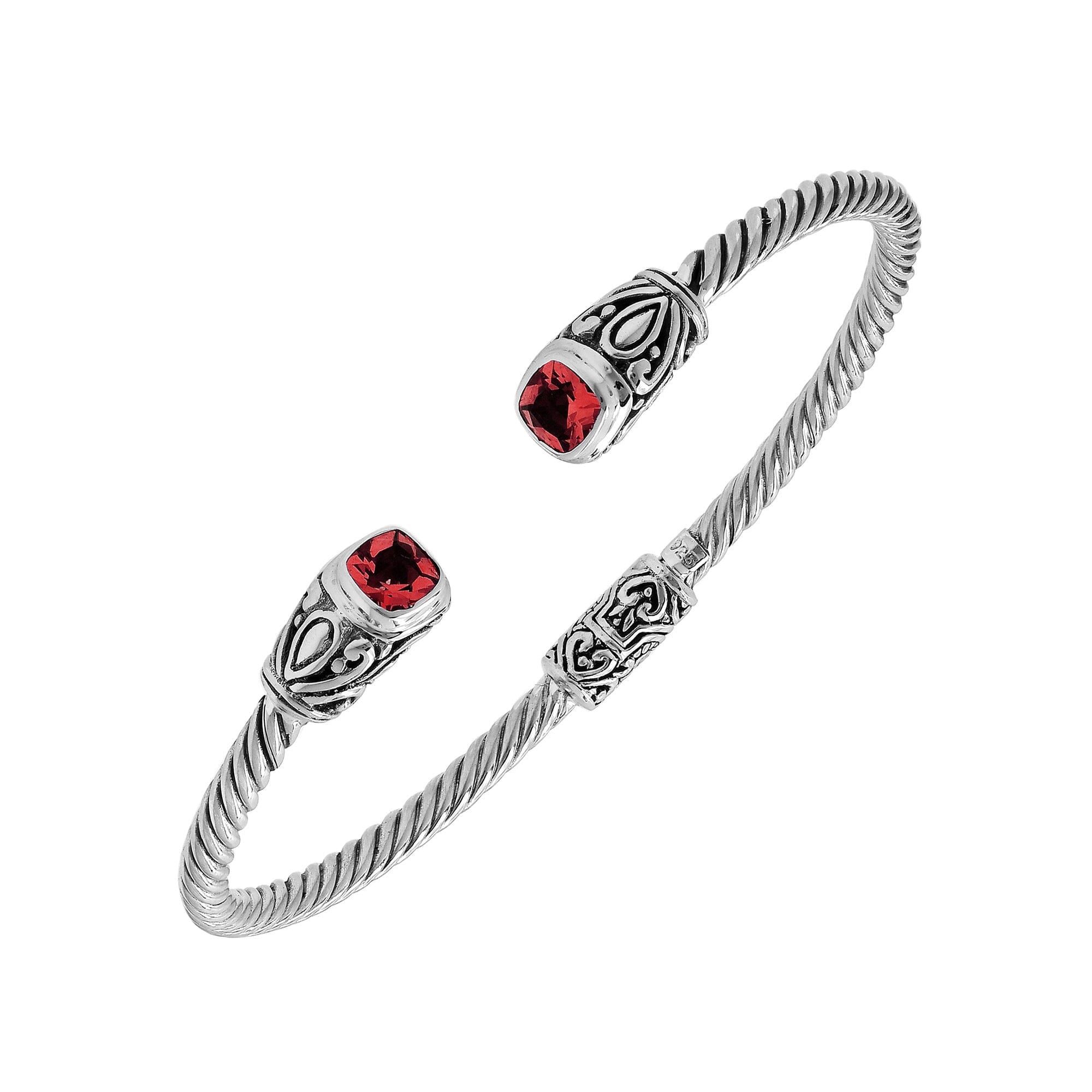 Sterling silver Balinese cuff bangle with Garnet Quartz accents and ornate scroll design.