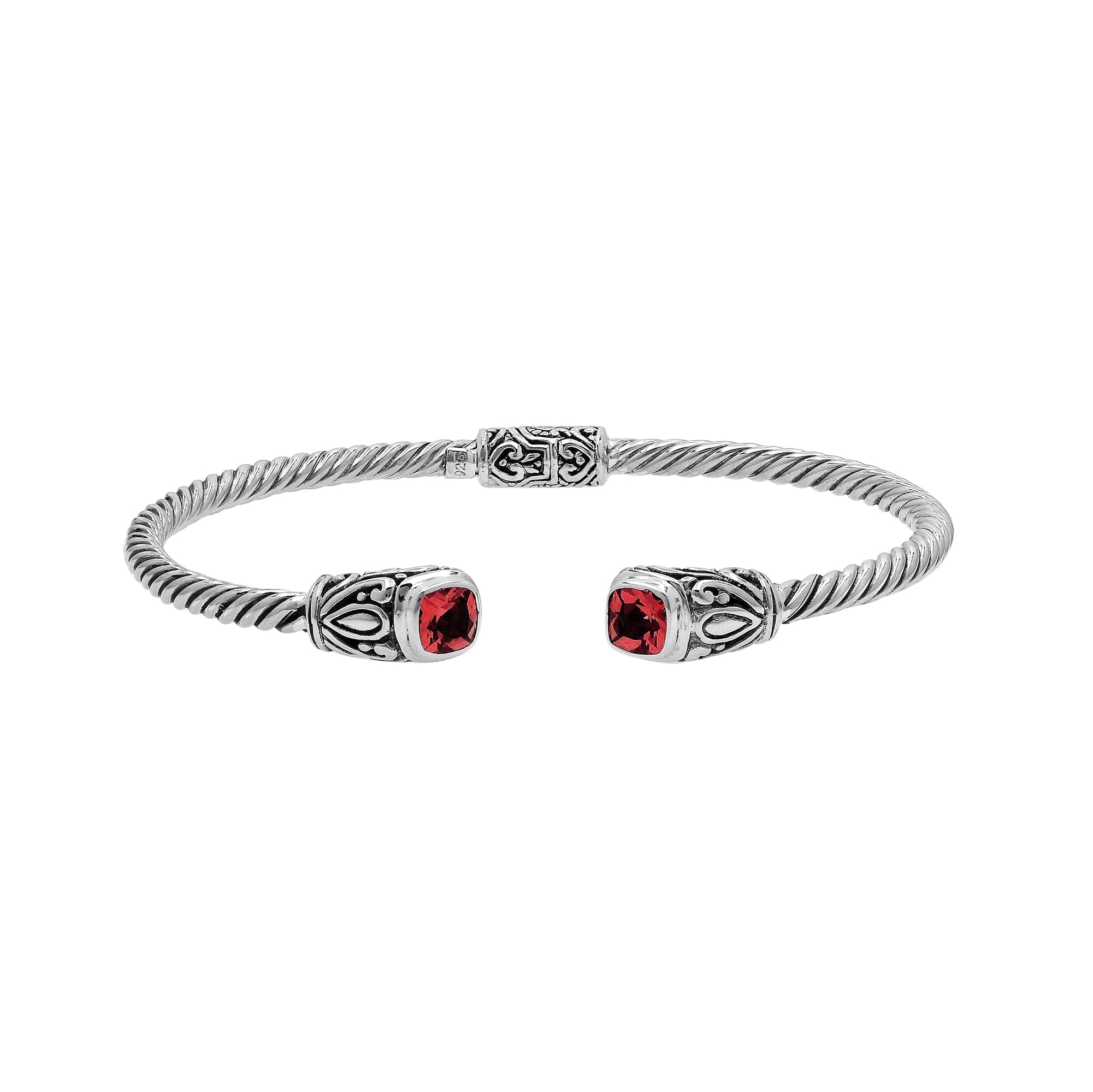 Sterling silver Balinese cuff bangle with Garnet Quartz accents and ornate scroll design.
