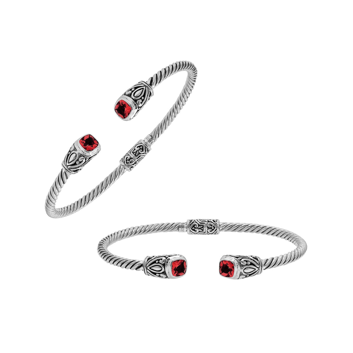 Sterling silver Balinese cuff bangle with Garnet Quartz accents and ornate scroll design.