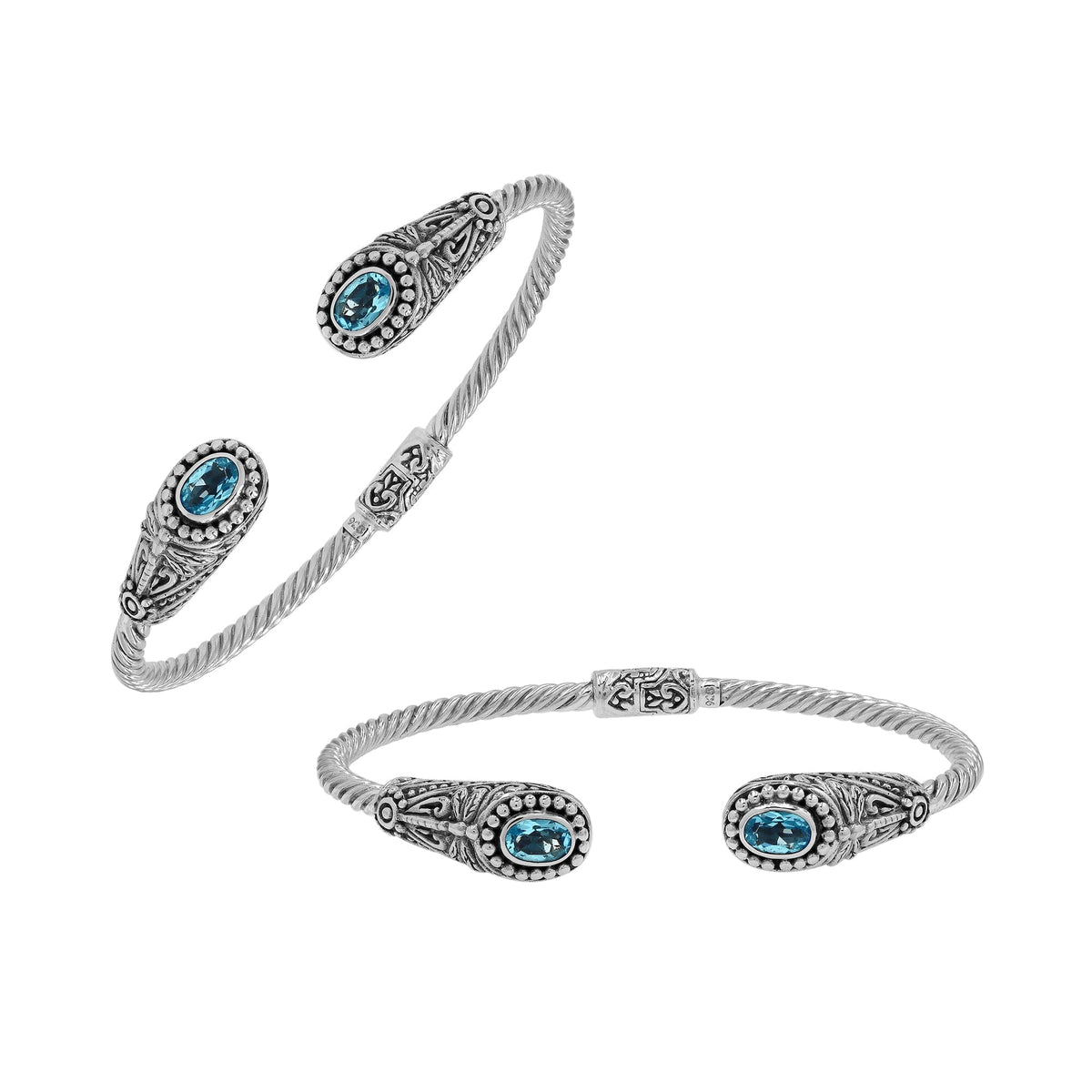 Sterling silver Balinese cuff bangle with Blue Topaz Quartz accents and ornate scroll design.