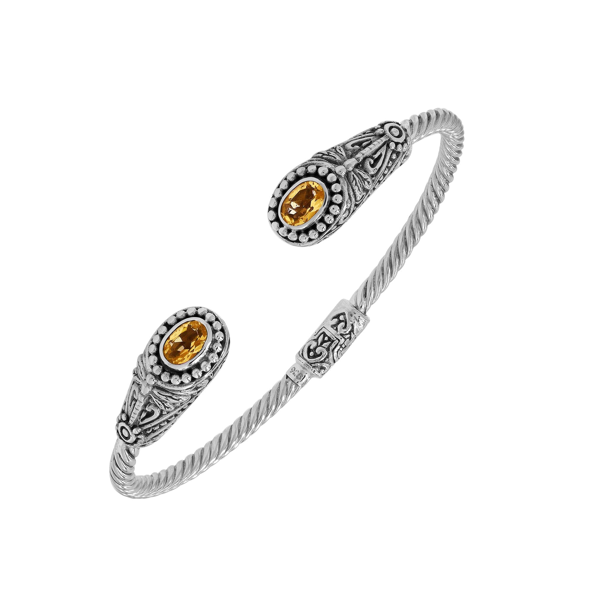 Sterling silver Balinese cuff bangle with Citrine Quartz accents and ornate scroll design.
