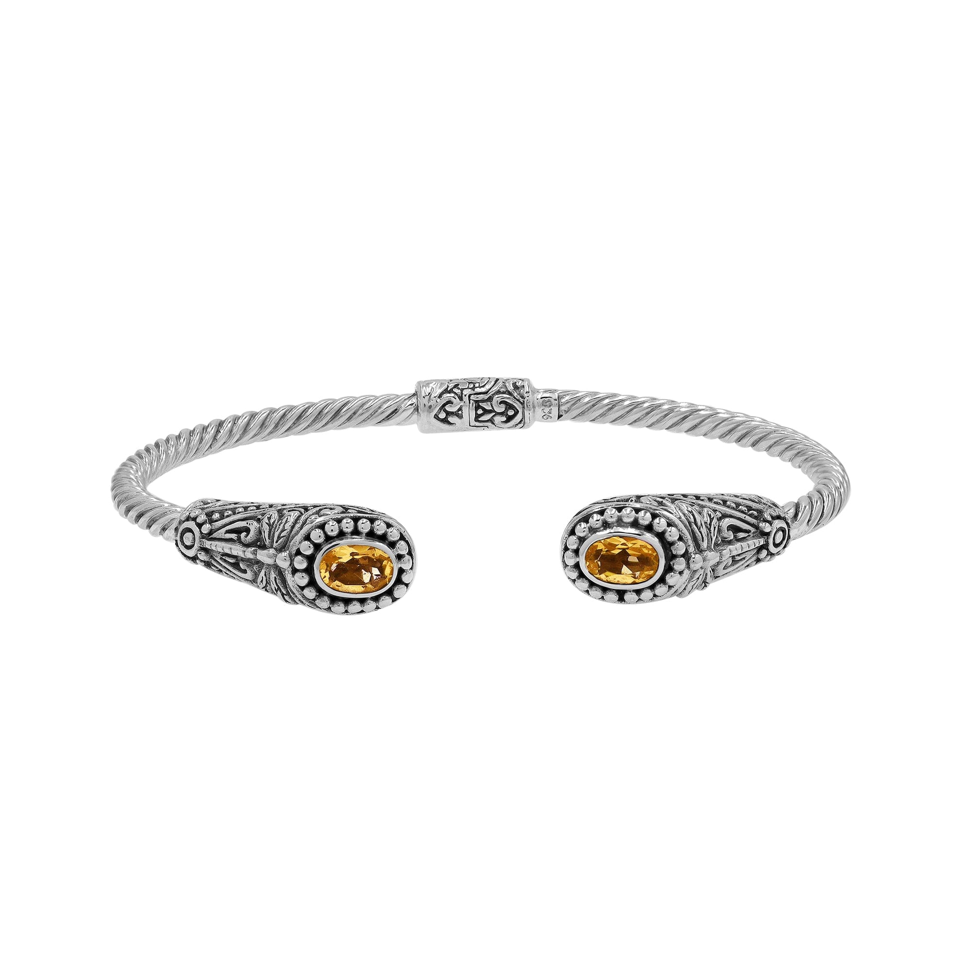 Sterling silver Balinese cuff bangle with Citrine Quartz accents and ornate scroll design.