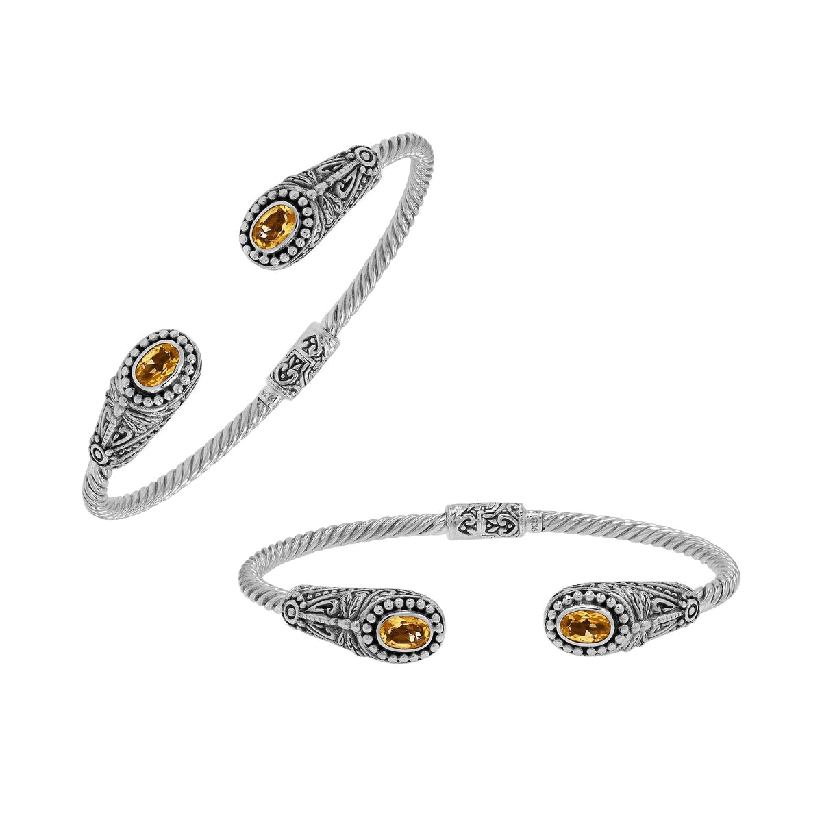 Sterling silver Balinese cuff bangle with Citrine Quartz accents and ornate scroll design.