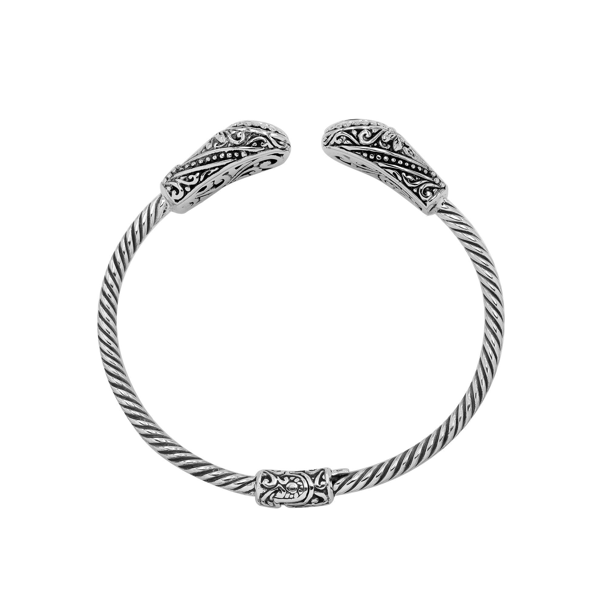 Sterling silver Balinese cuff bangle with Garnet Quartz accents and ornate scroll design.