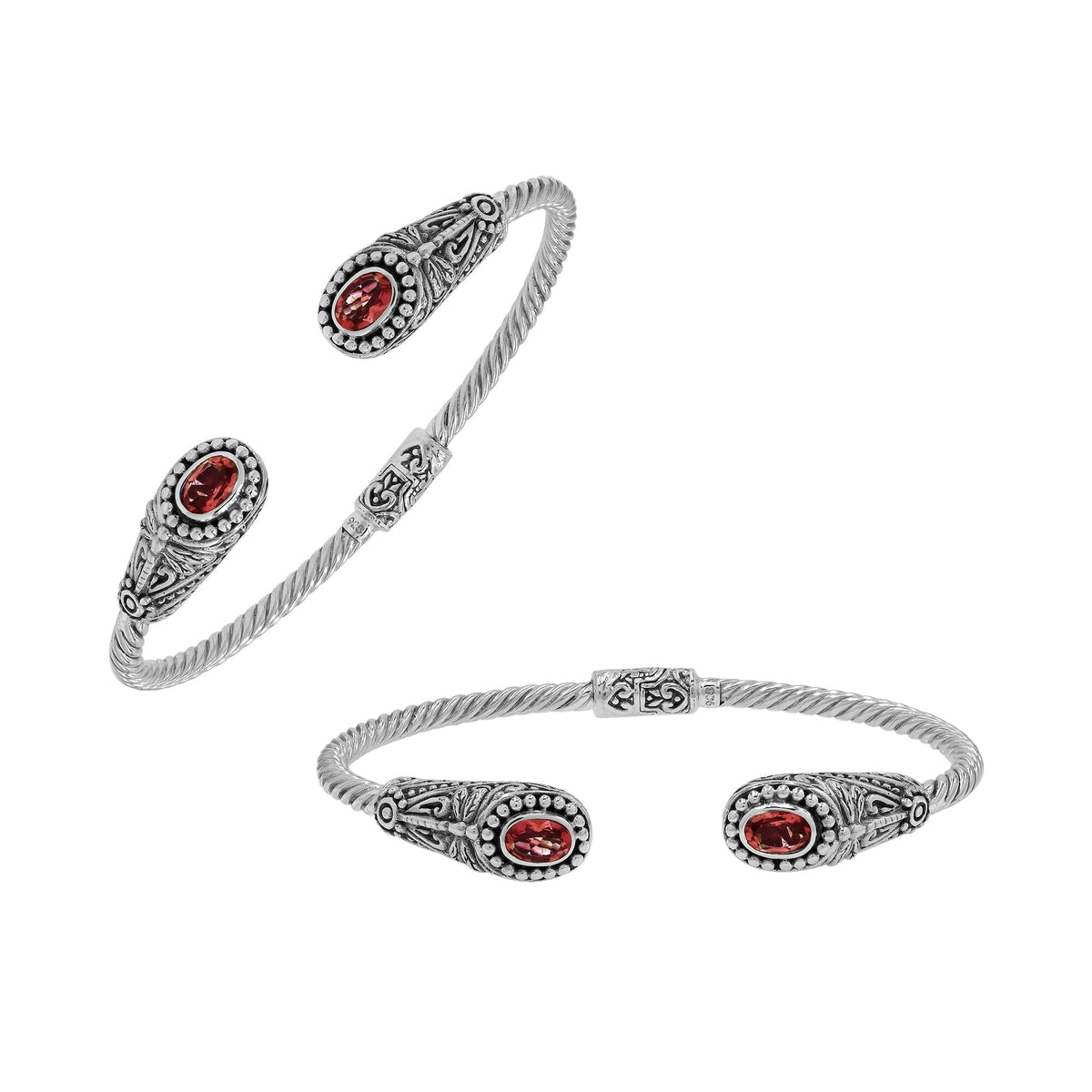 Sterling silver Balinese cuff bangle with Garnet Quartz accents and ornate scroll design.