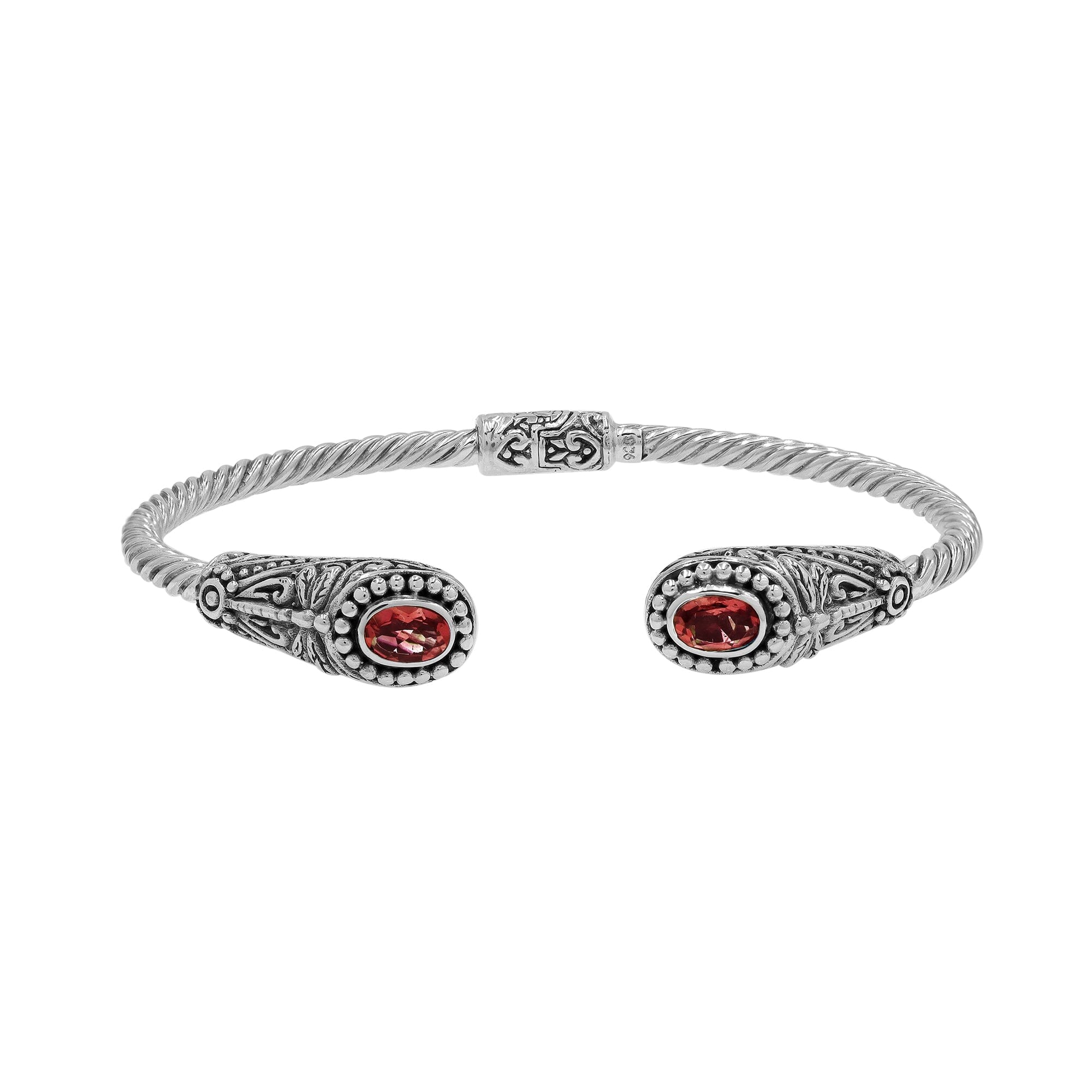 Sterling silver Balinese cuff bangle with Garnet Quartz accents and ornate scroll design.