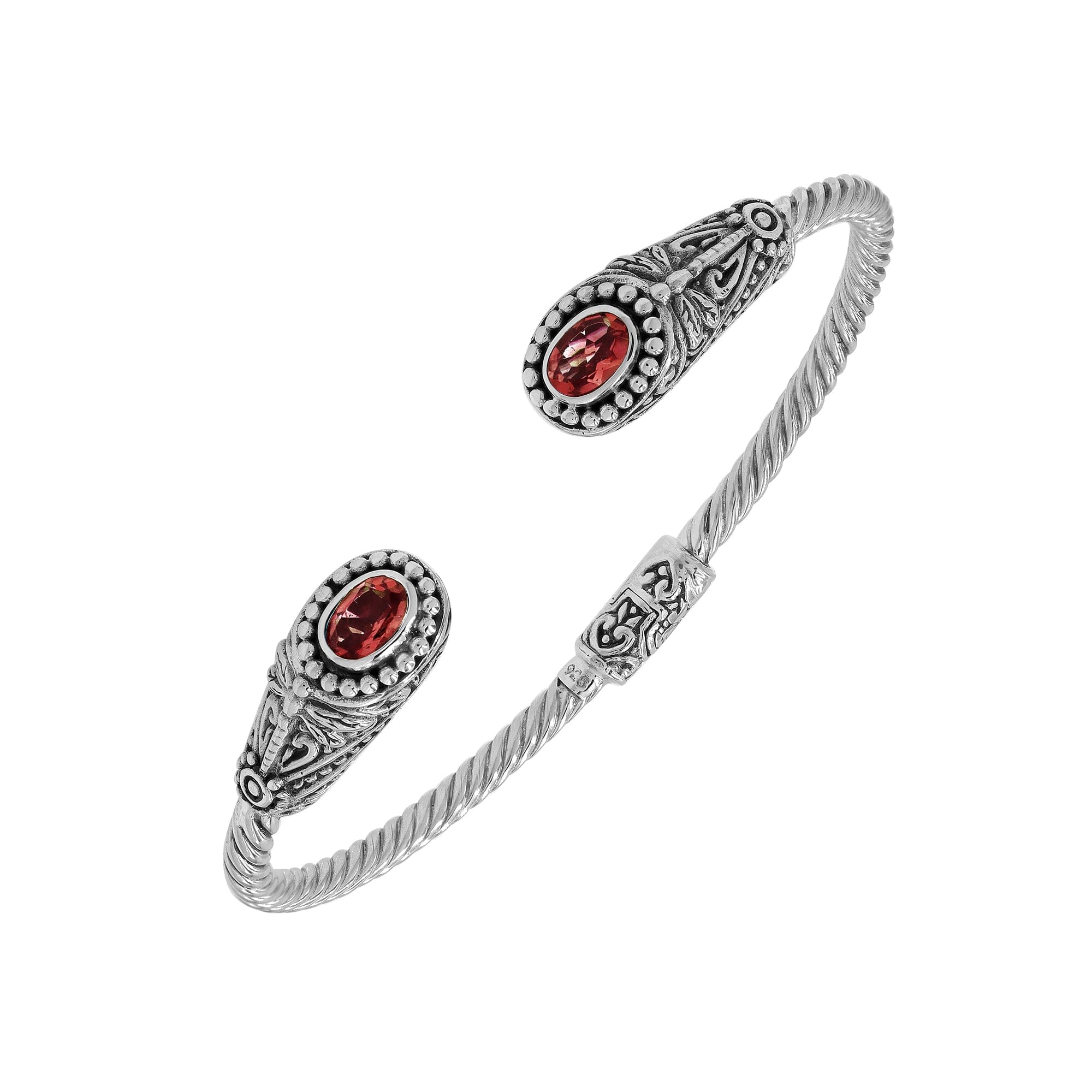 Sterling silver Balinese cuff bangle with Garnet Quartz accents and ornate scroll design.