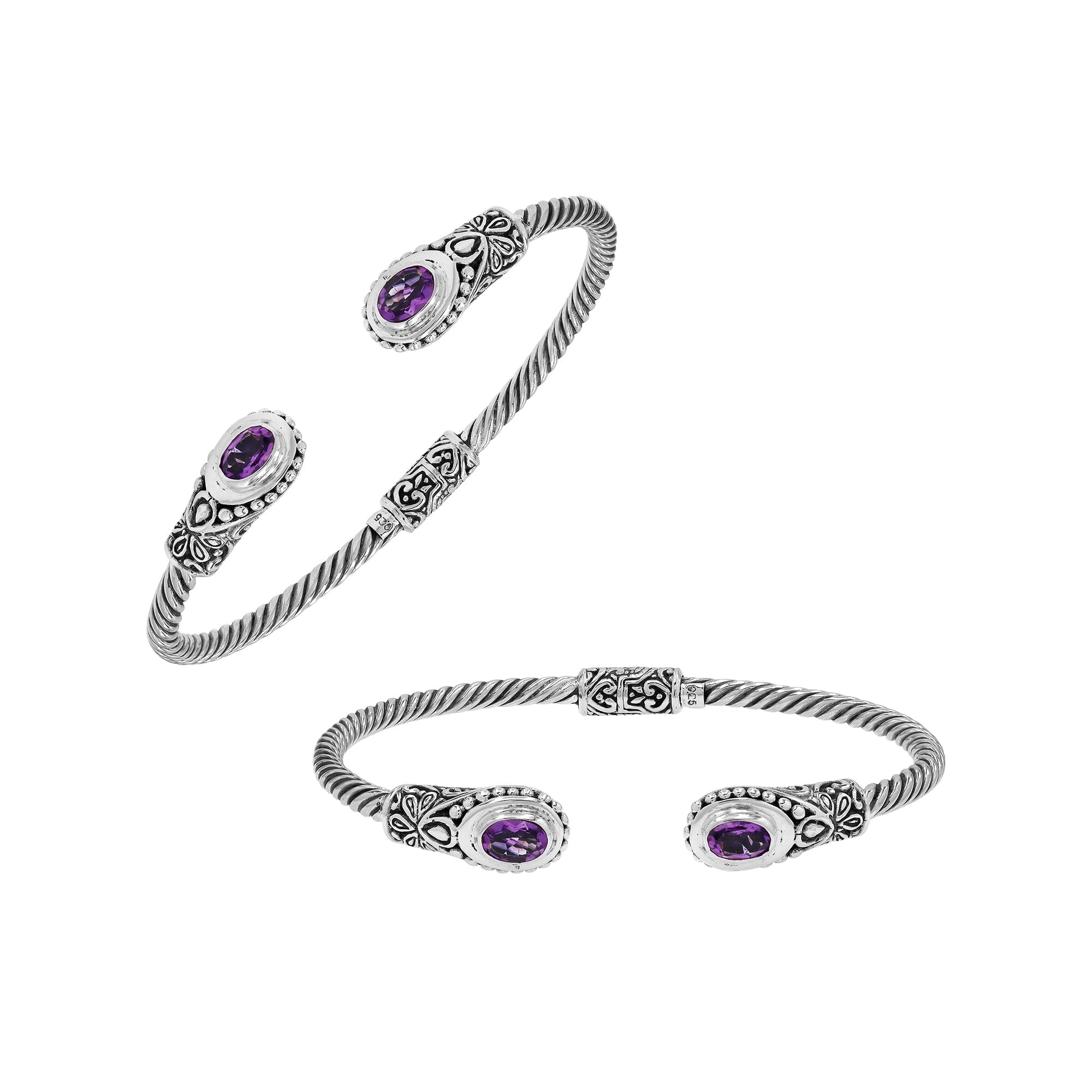Sterling silver Balinese cuff bangle with Amethyst Quartz accents and ornate scroll design.