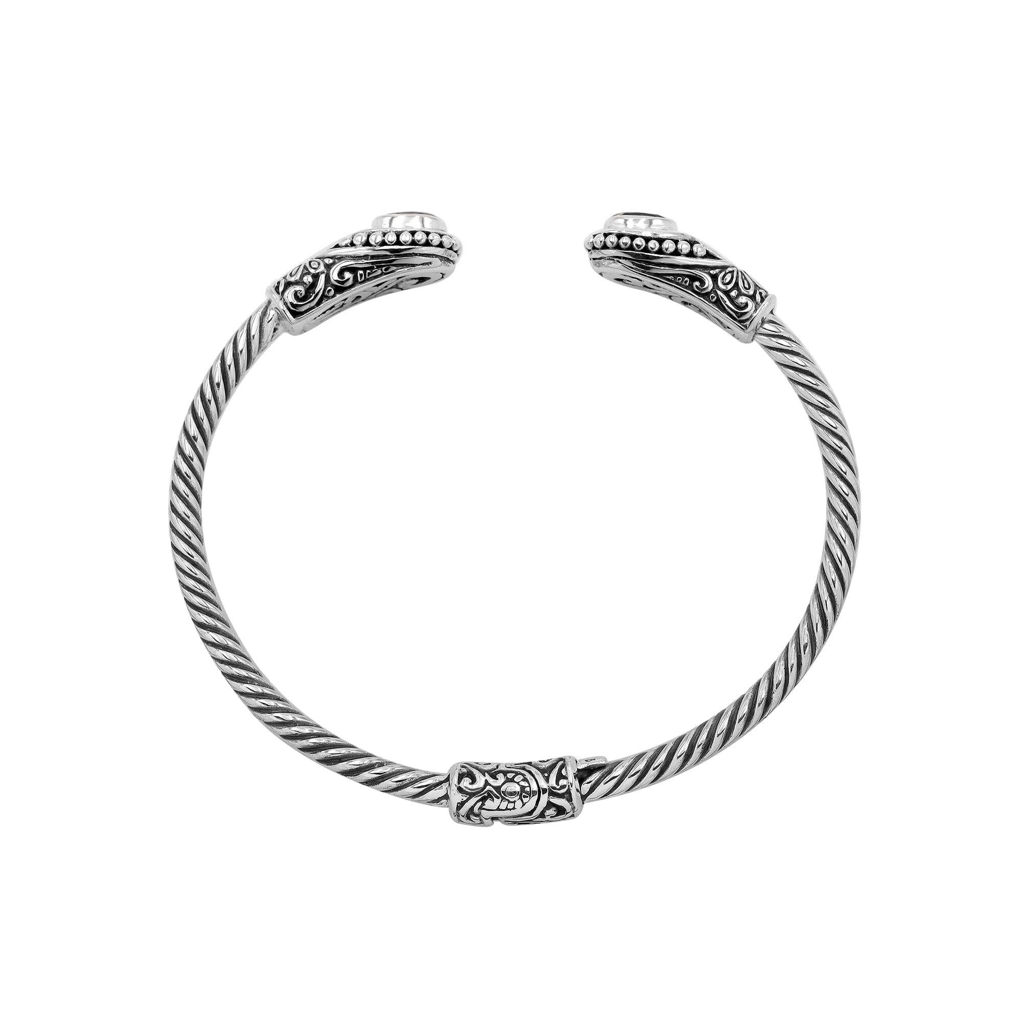 Sterling silver Balinese cuff bangle with Amethyst Quartz accents and ornate scroll design.