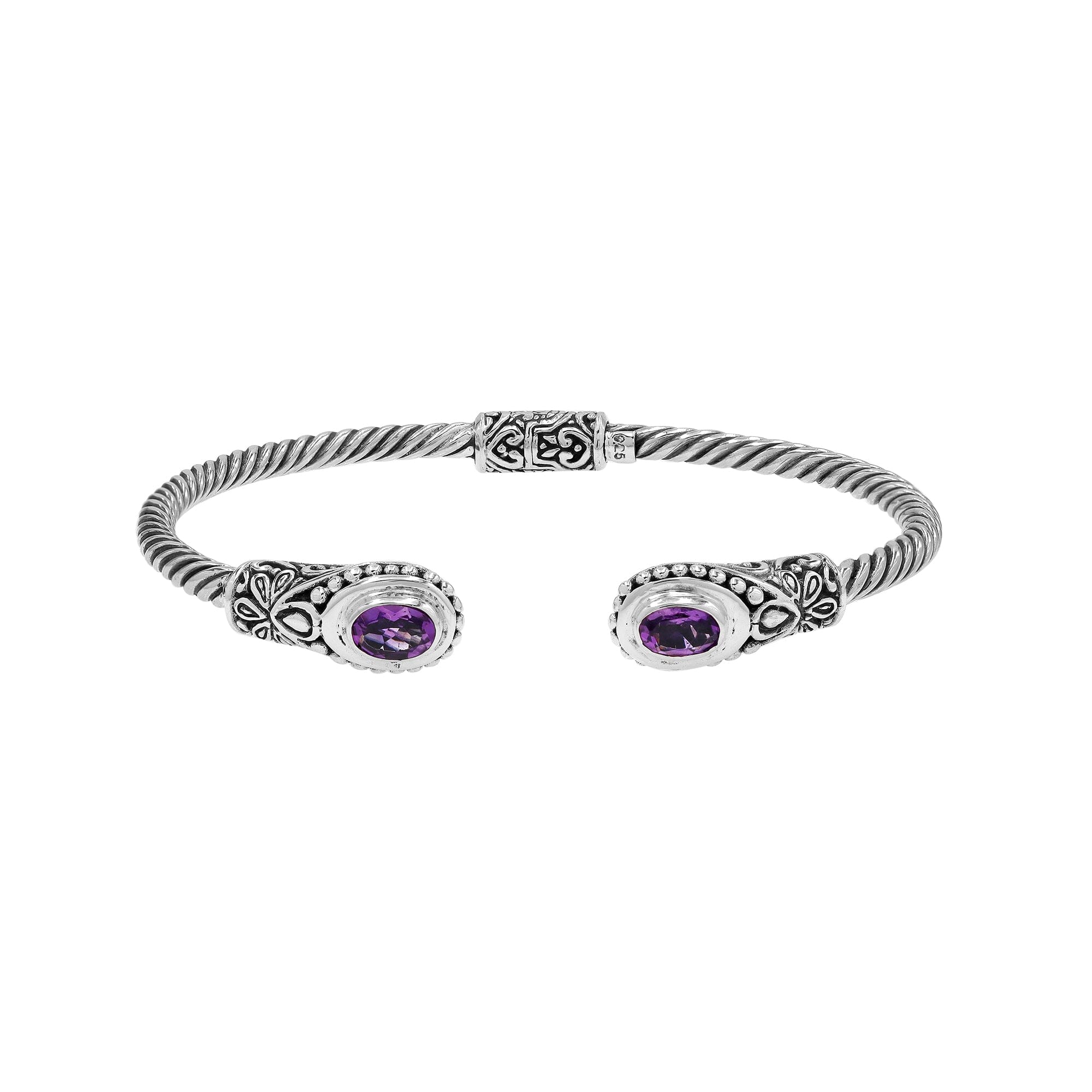 Sterling silver Balinese cuff bangle with Amethyst Quartz accents and ornate scroll design.