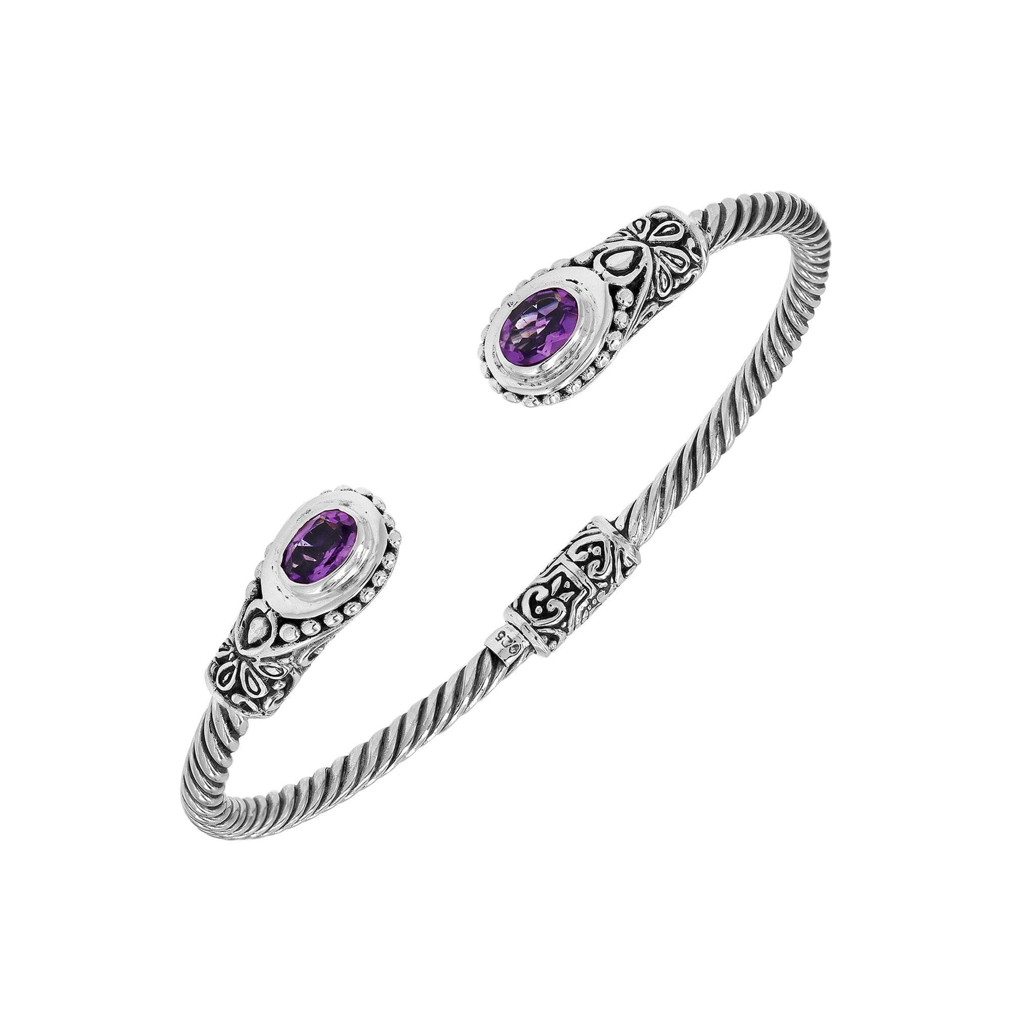 Sterling silver Balinese cuff bangle with Amethyst Quartz accents and ornate scroll design.