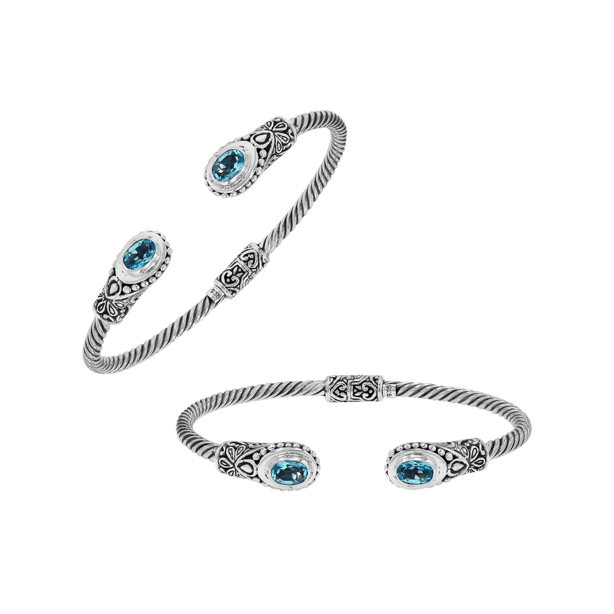 Sterling silver Balinese bangle with Blue Topaz Quartz stones and beaded scroll design.