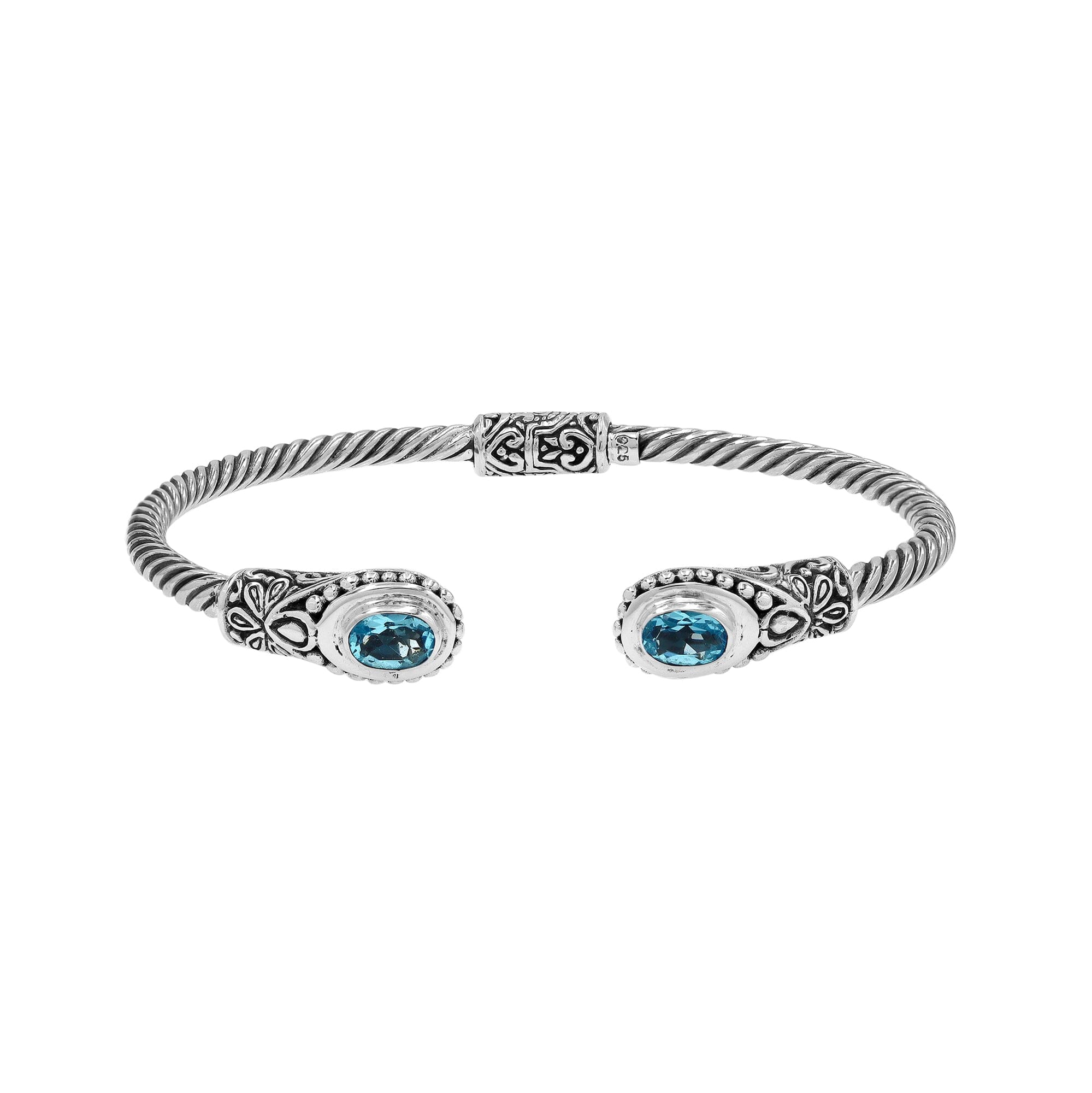 Sterling silver Balinese bangle with Blue Topaz Quartz stones and beaded scroll design.