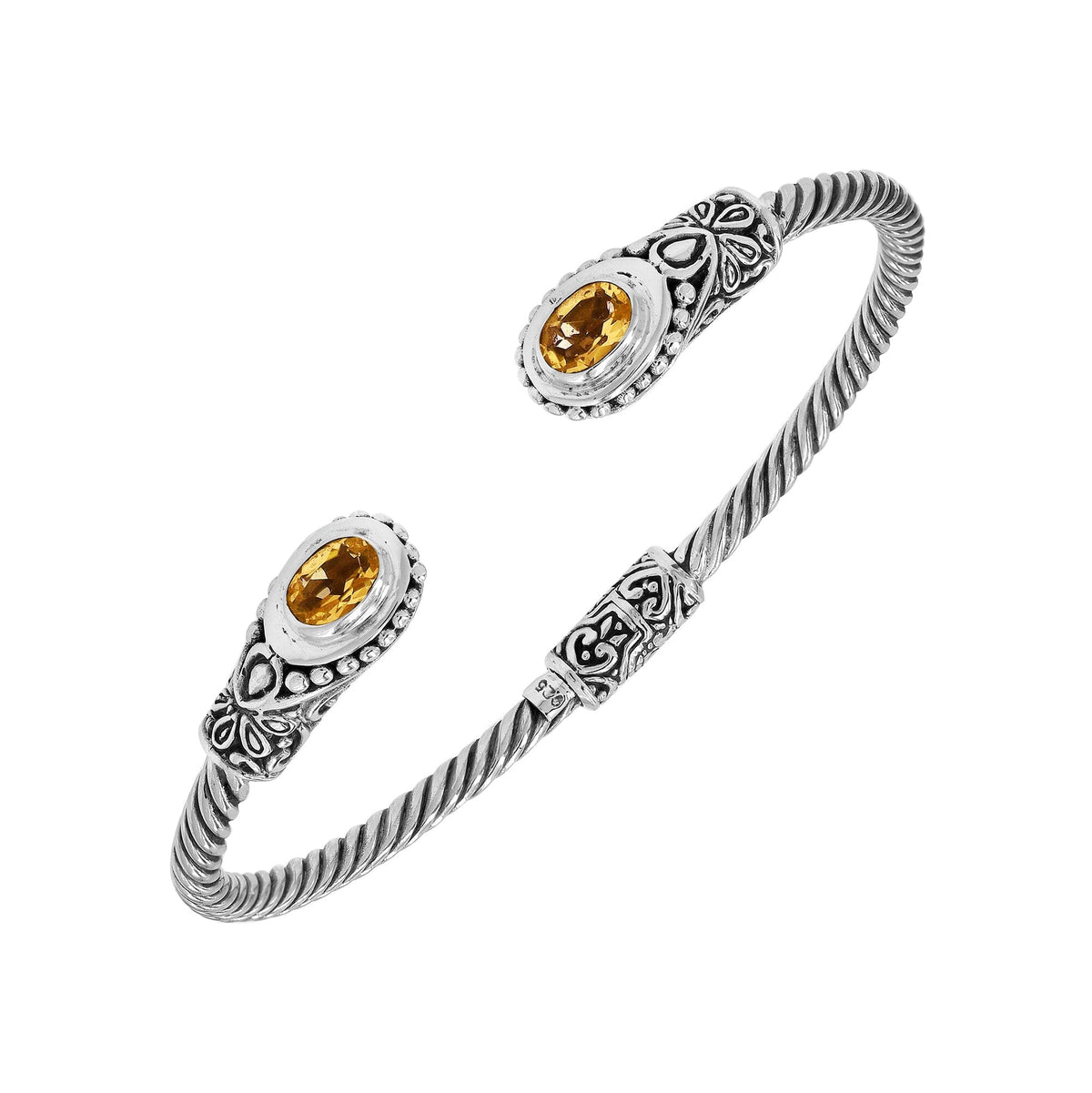 Sterling silver Balinese bangle with Citrine Quartz stones and ornate beaded scrollwork.