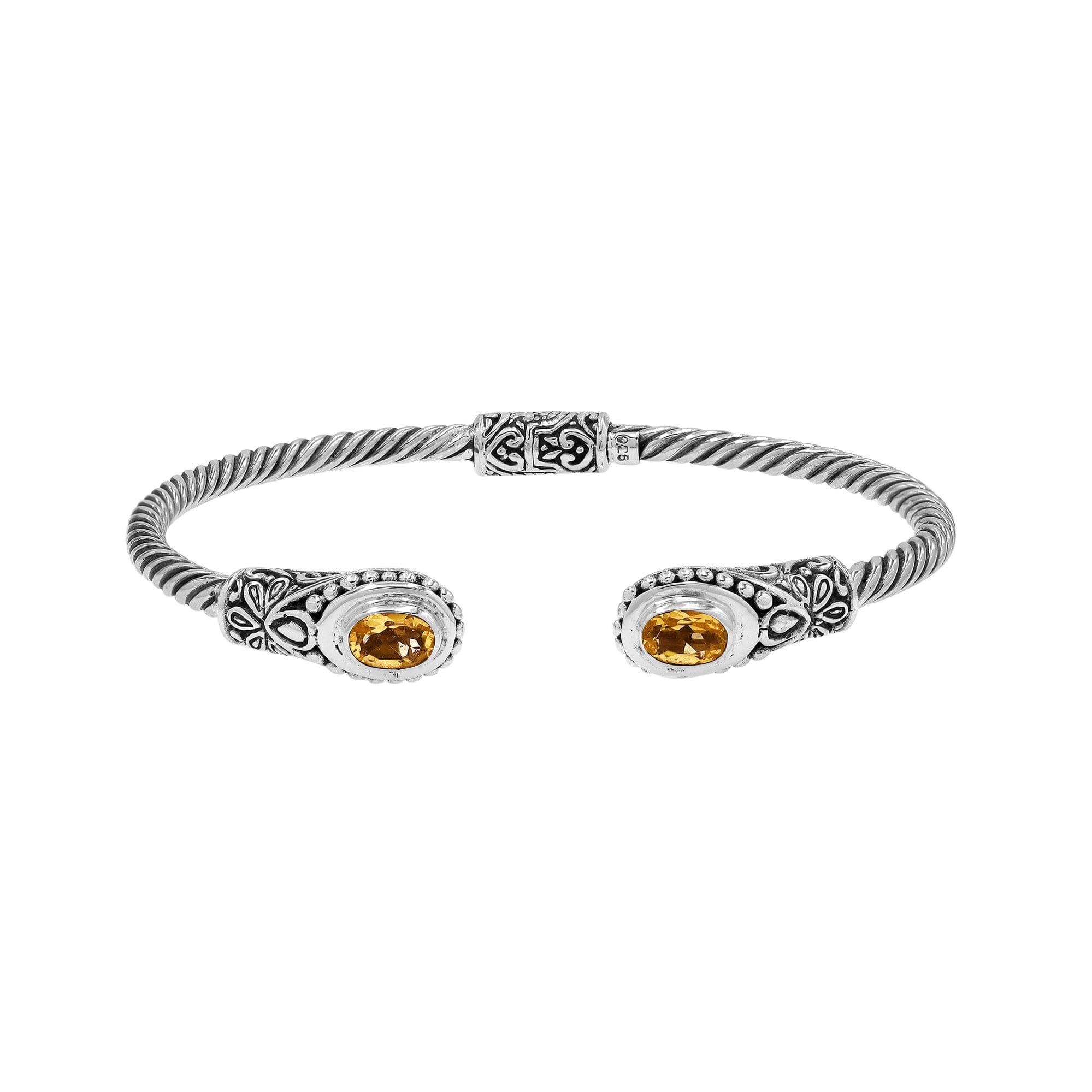 Sterling silver Balinese bangle with Citrine Quartz stones and ornate beaded scrollwork.
