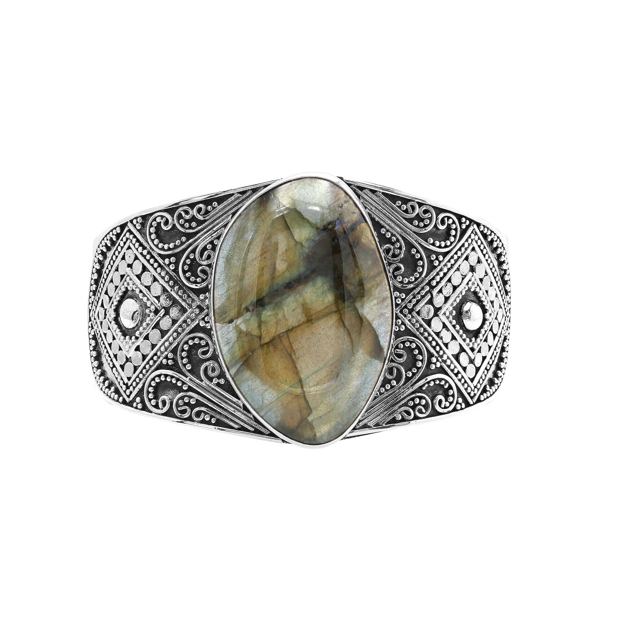 Sterling silver Balinese statement bangle with Labradorite centerpiece and intricate bead scrollwork.