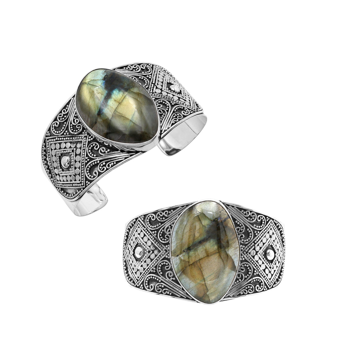 Sterling silver Balinese statement bangle with Labradorite centerpiece and intricate bead scrollwork.