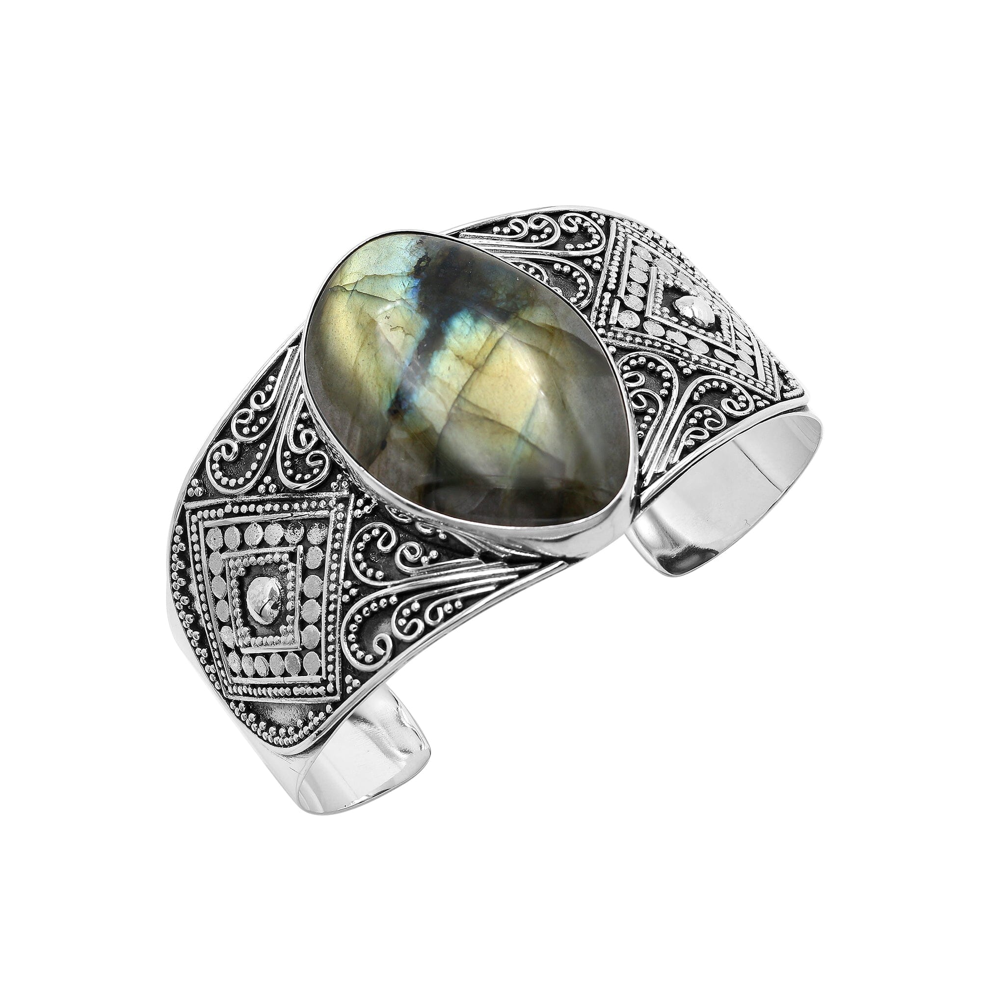Sterling silver Balinese statement bangle with Labradorite centerpiece and intricate bead scrollwork.