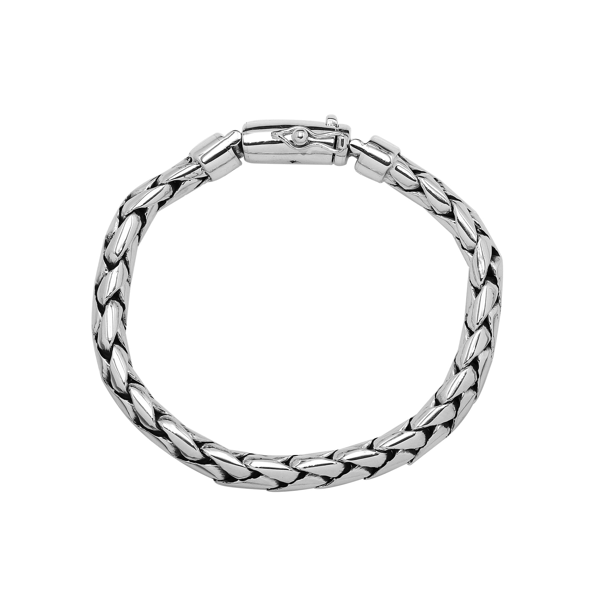 Sterling silver men’s woven chain bracelet with mirror finish and polished push lock.