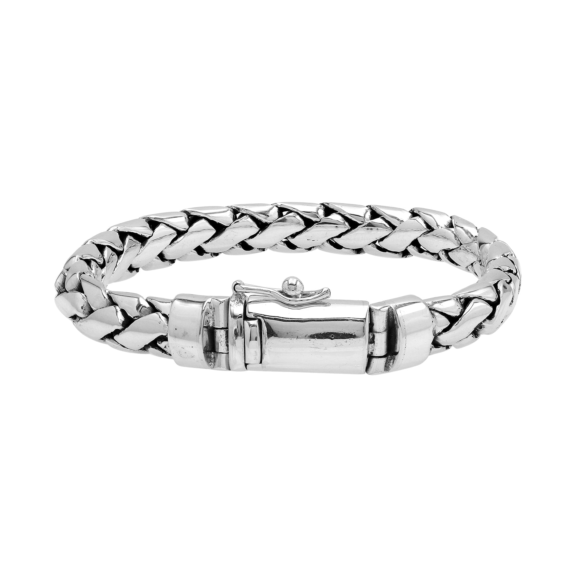 Sterling silver men’s woven chain bracelet with mirror finish and polished push lock.