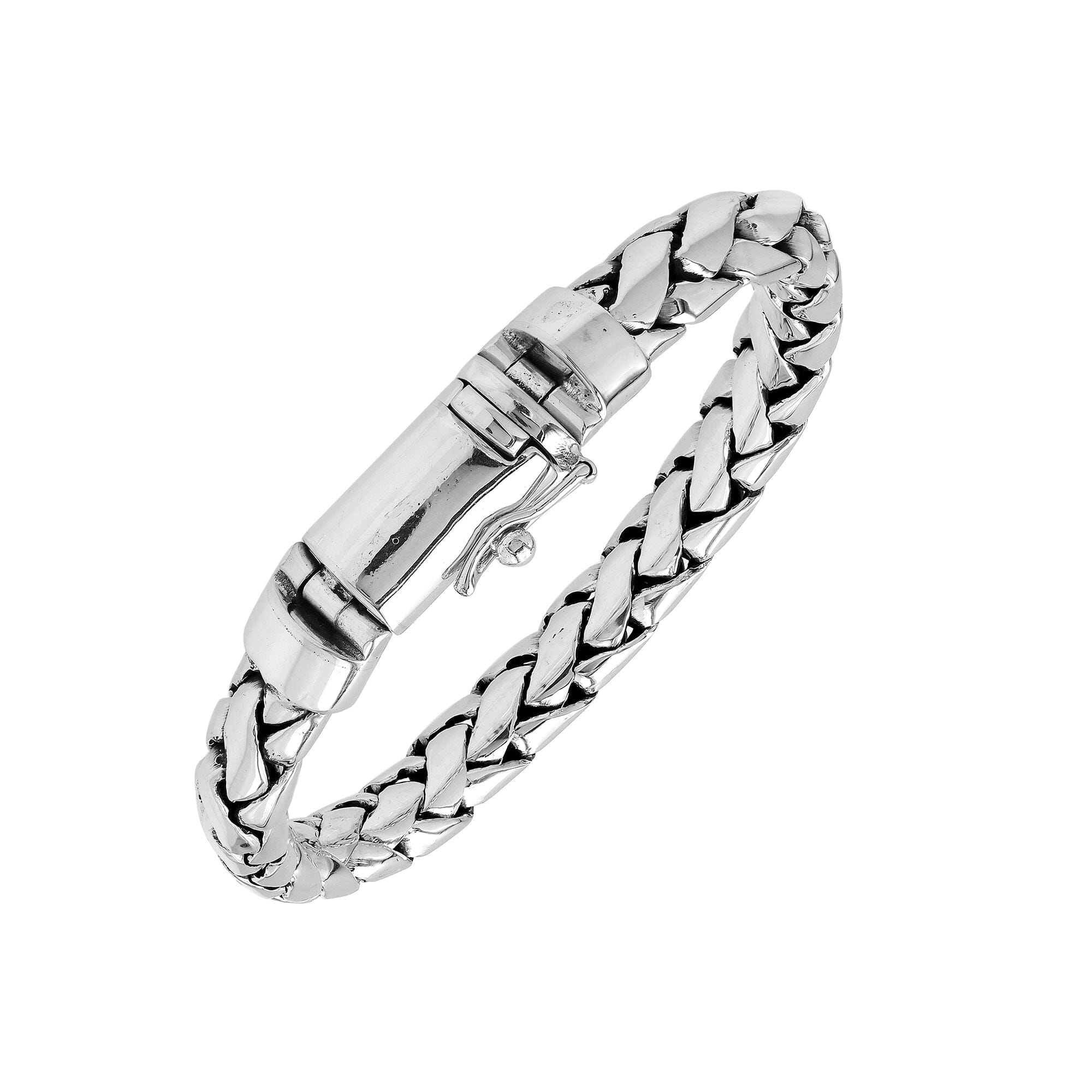 Sterling silver men’s woven chain bracelet with mirror finish and polished push lock.