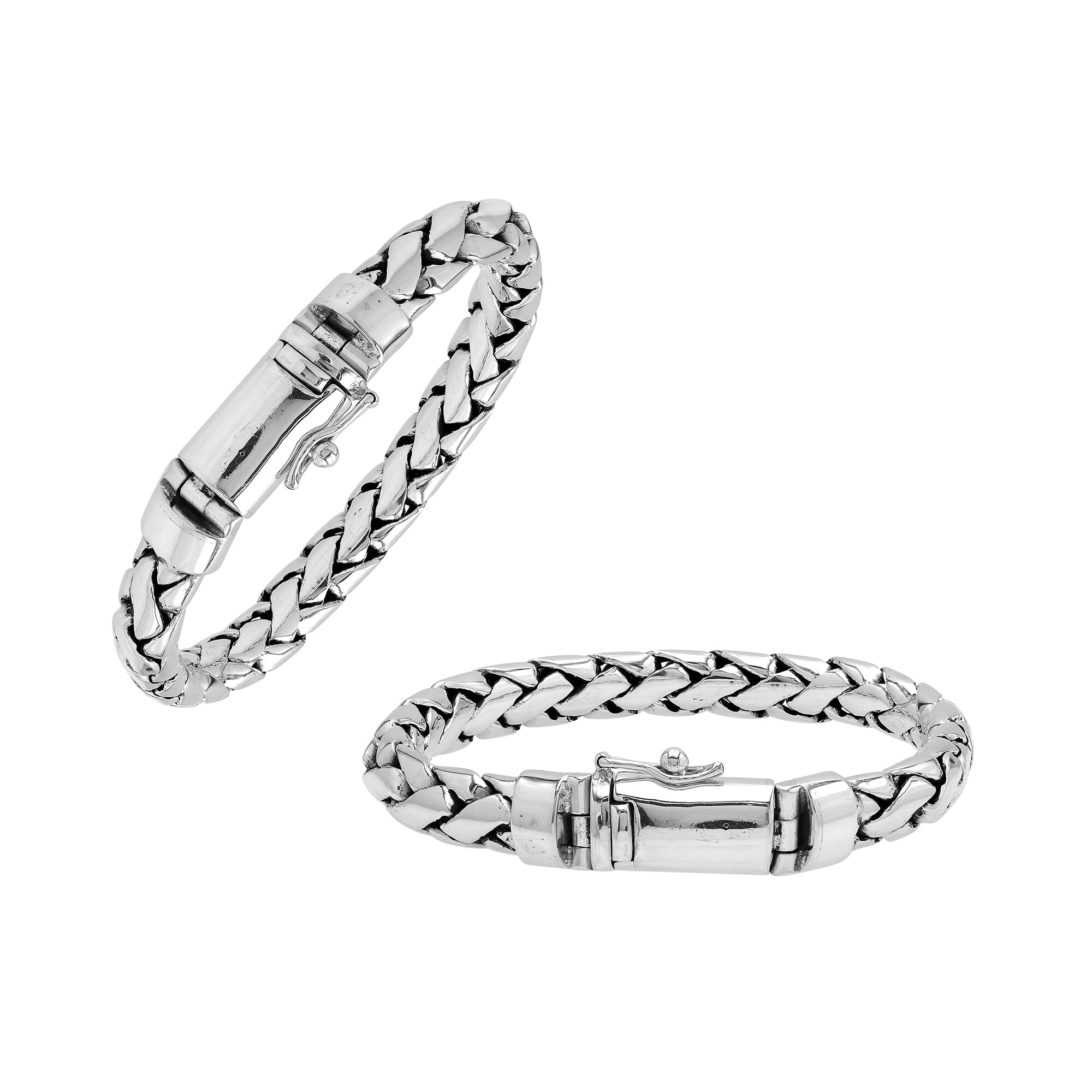 Sterling silver men’s woven chain bracelet with mirror finish and polished push lock.