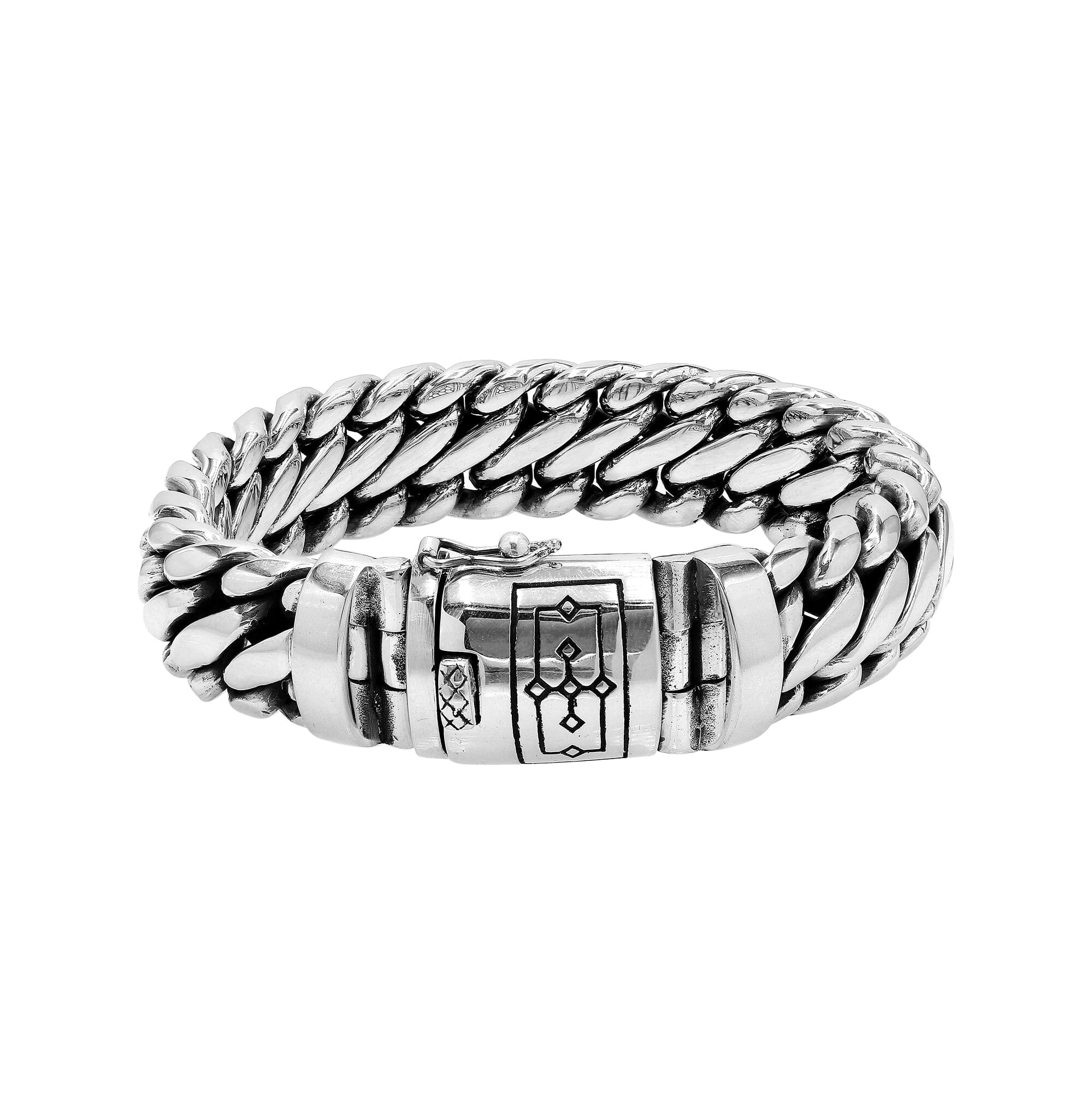Sterling silver unisex curb chain bracelet with polished finish and engraved box clasp.