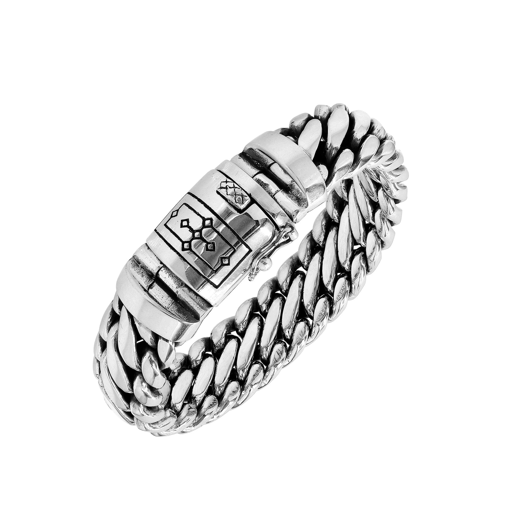 Sterling silver unisex curb chain bracelet with polished finish and engraved box clasp.