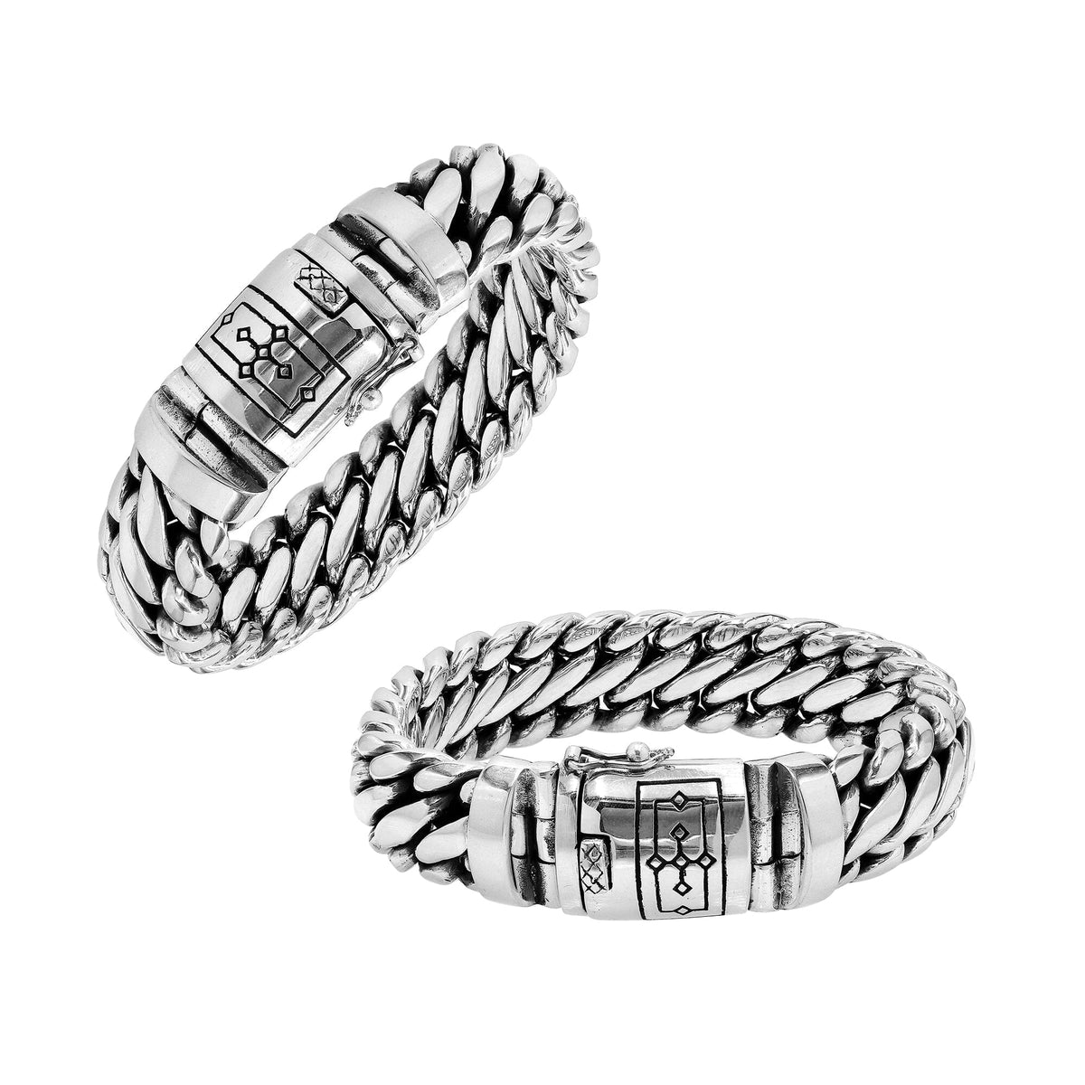 Sterling silver unisex curb chain bracelet with polished finish and engraved box clasp.