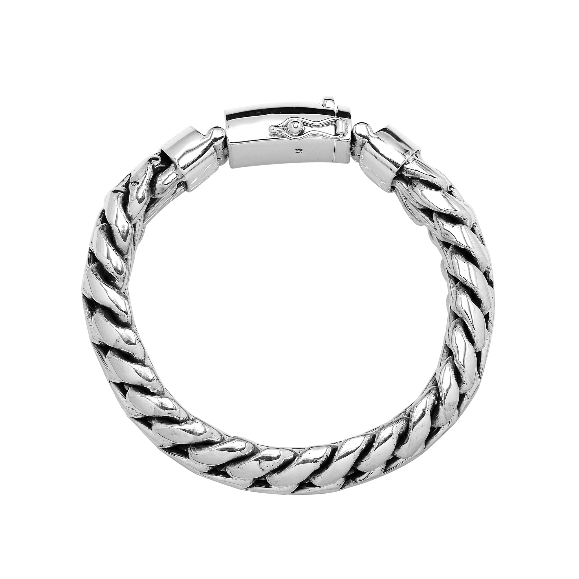 Sterling silver unisex curb chain bracelet with polished finish and engraved box clasp.