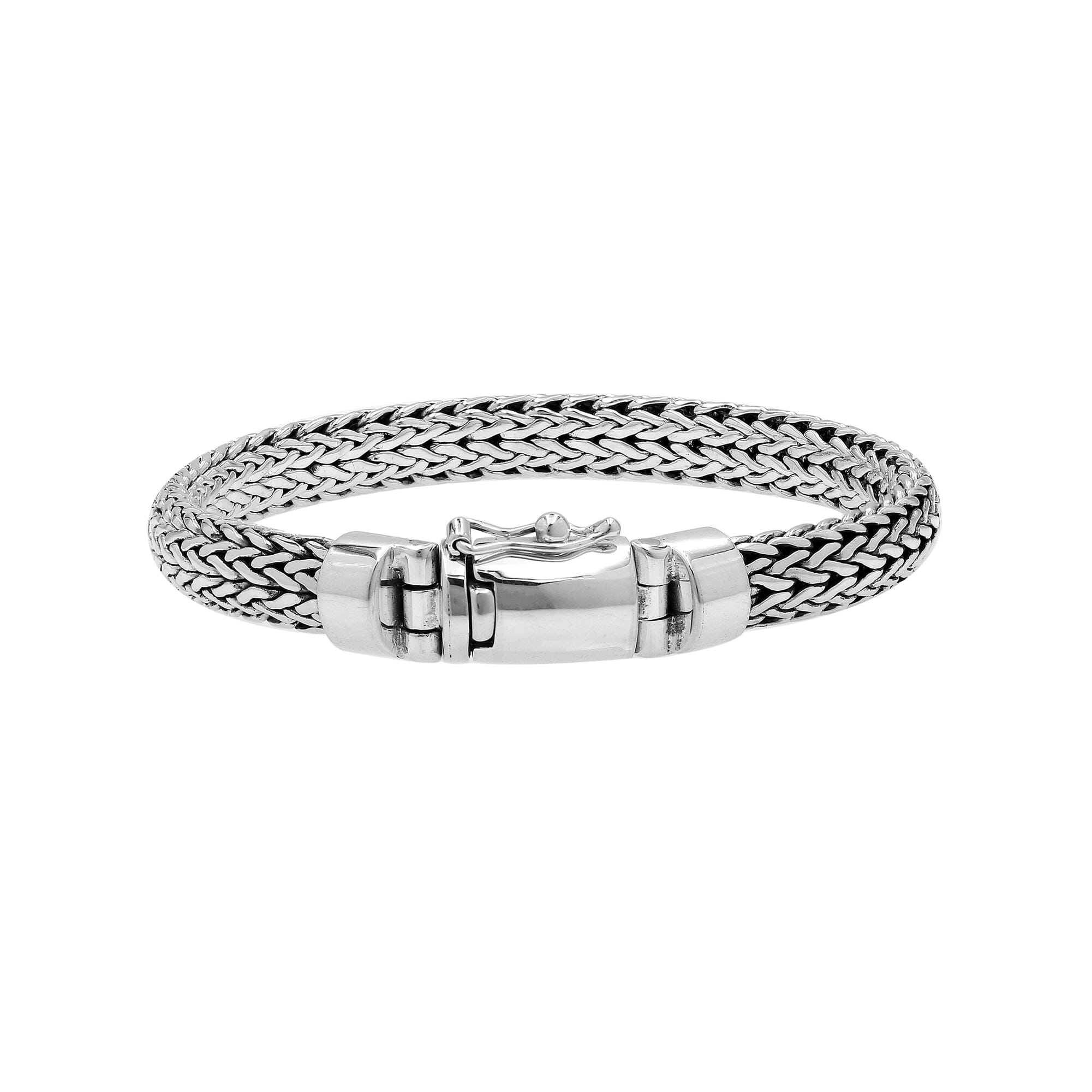 Sterling silver men’s wheat chain bracelet with mirror finish and box clasp closure.