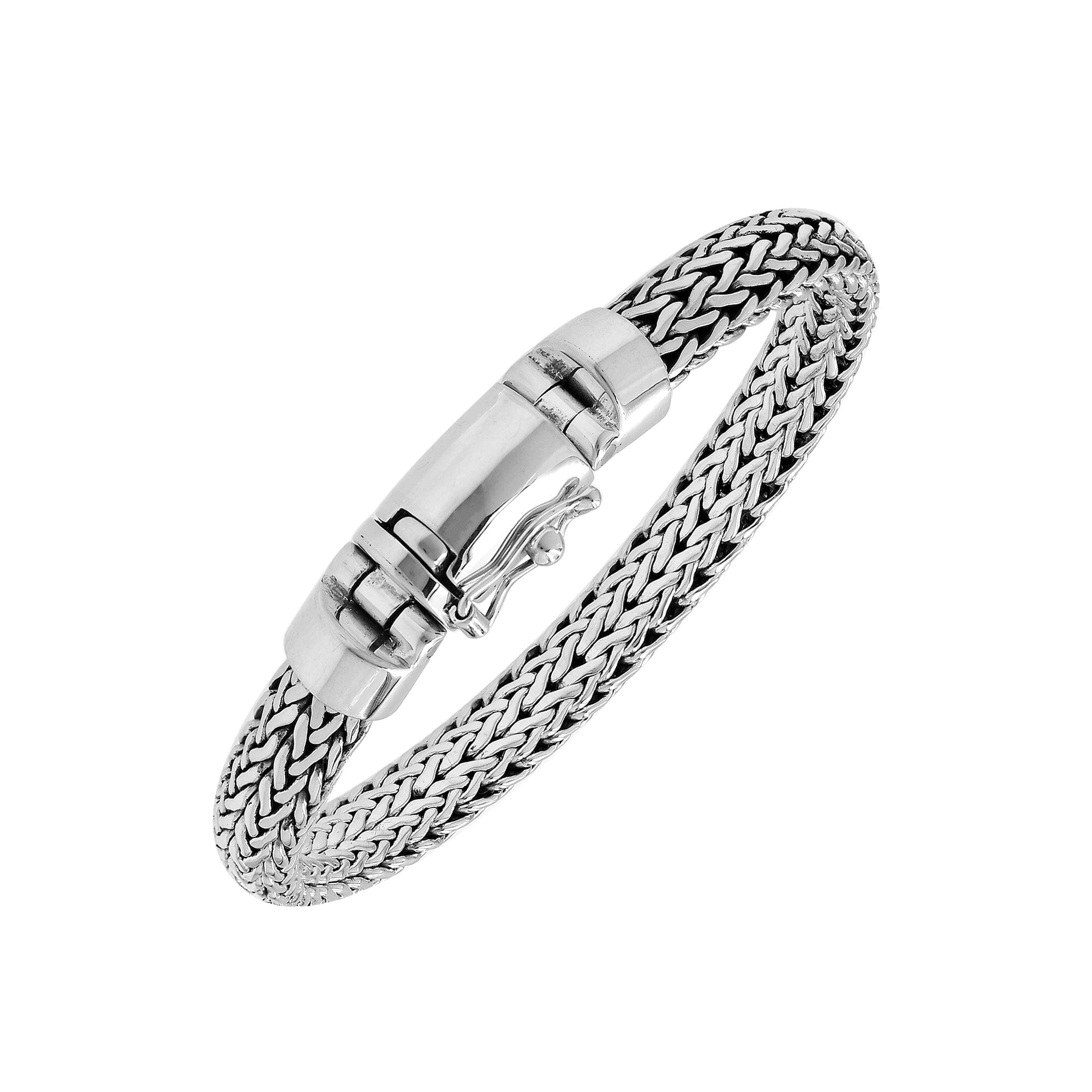 Sterling silver men’s wheat chain bracelet with mirror finish and box clasp closure.