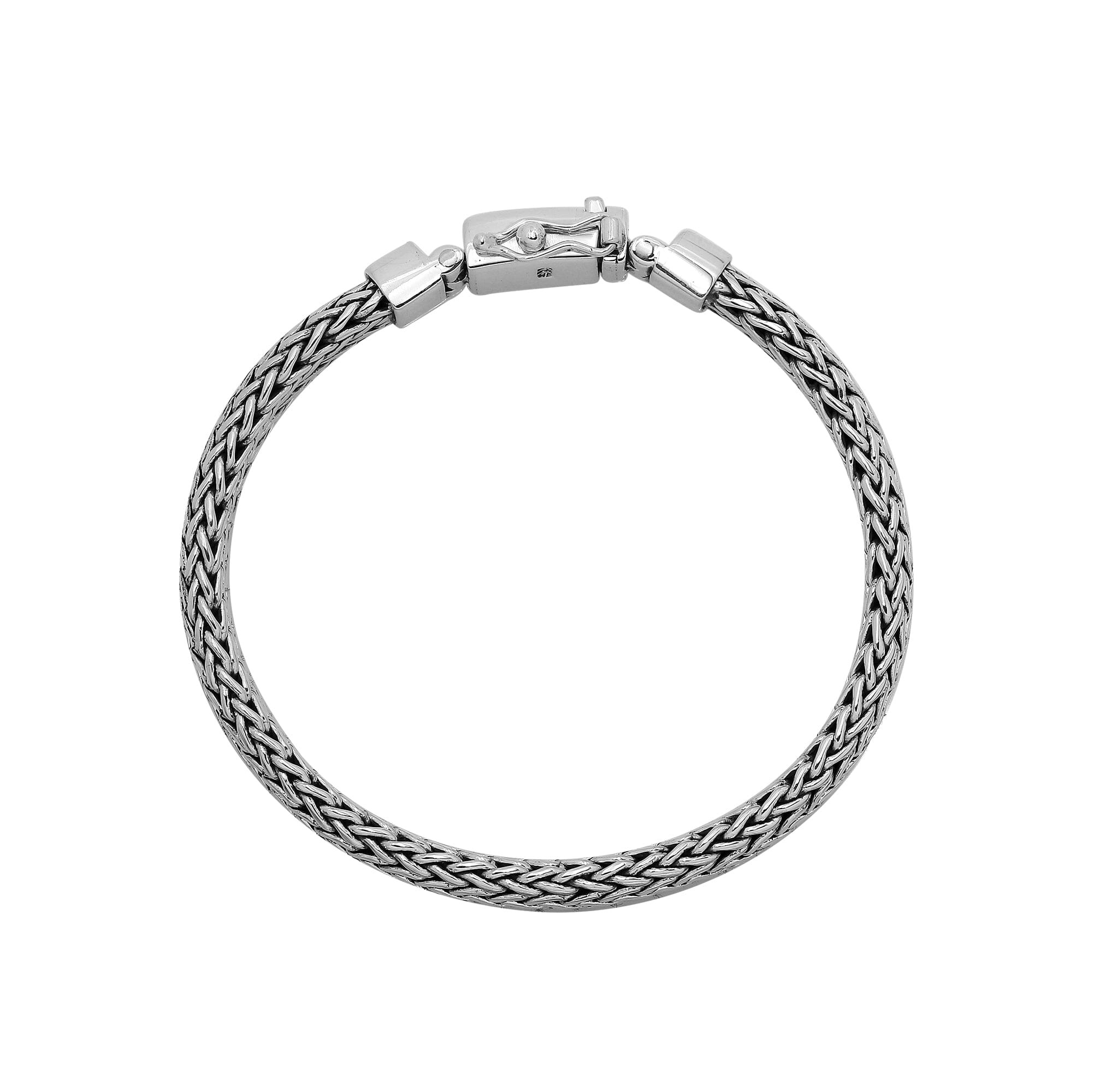 Sterling silver men’s wheat chain bracelet with mirror finish and box clasp closure.