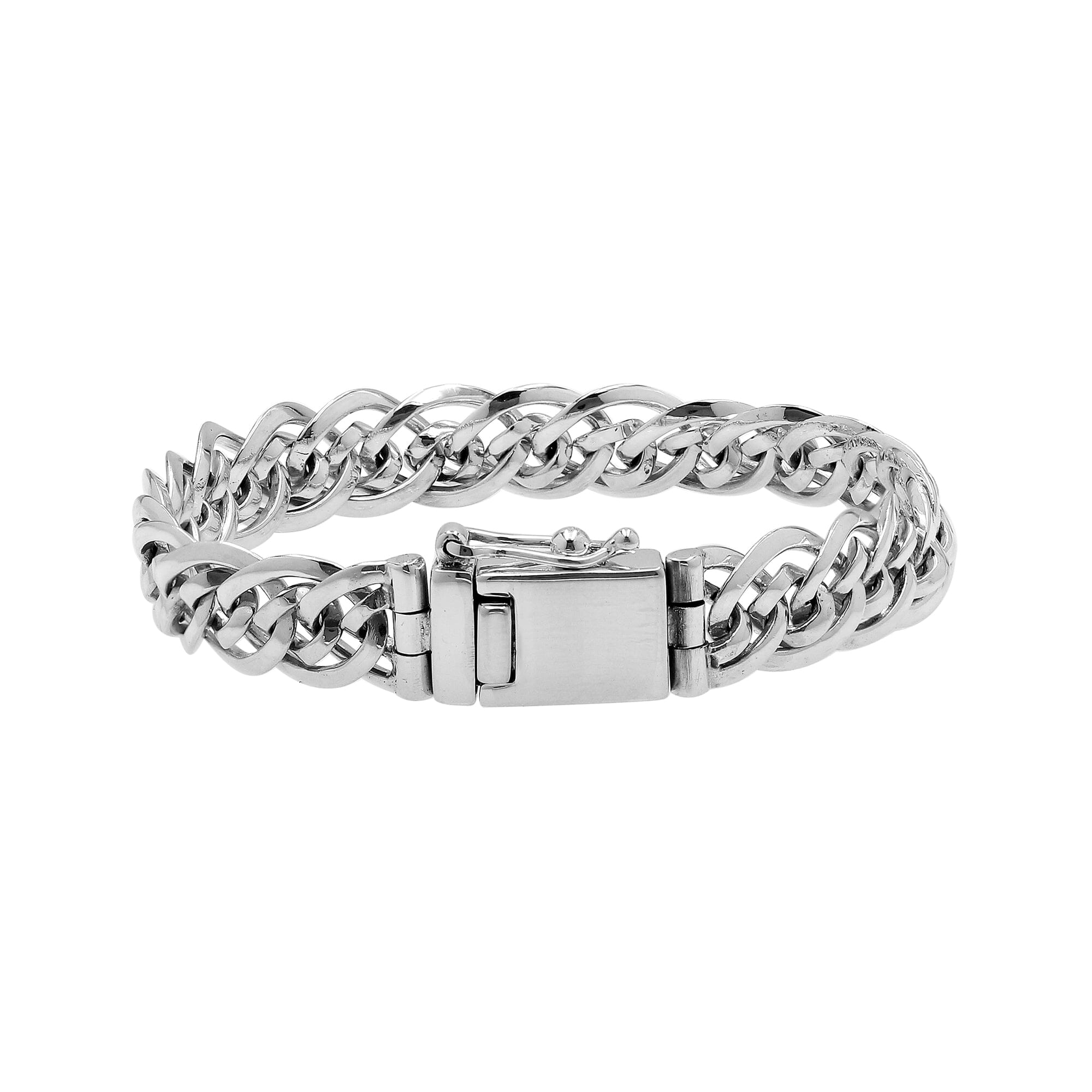 Sterling silver men’s chain bracelet with polished finish, box clasp, and safety latch.